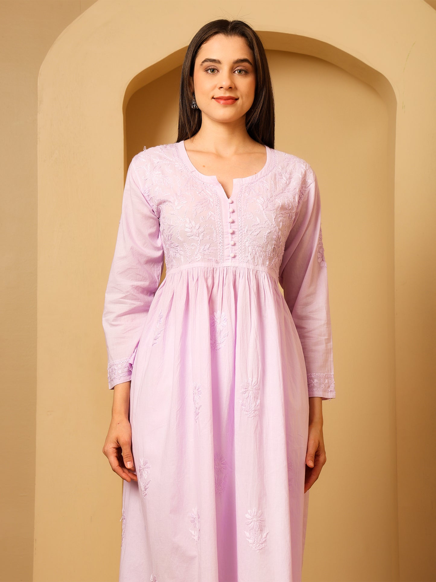 Nazaira Women’s Cotton Chikankari Kurta Gown Style Lavender | Hand Embroidered Lucknow Chikankari Kurti | Ethnic Wear for Women | Long Anarkali Kurta | Handmade Cotton Kurta
