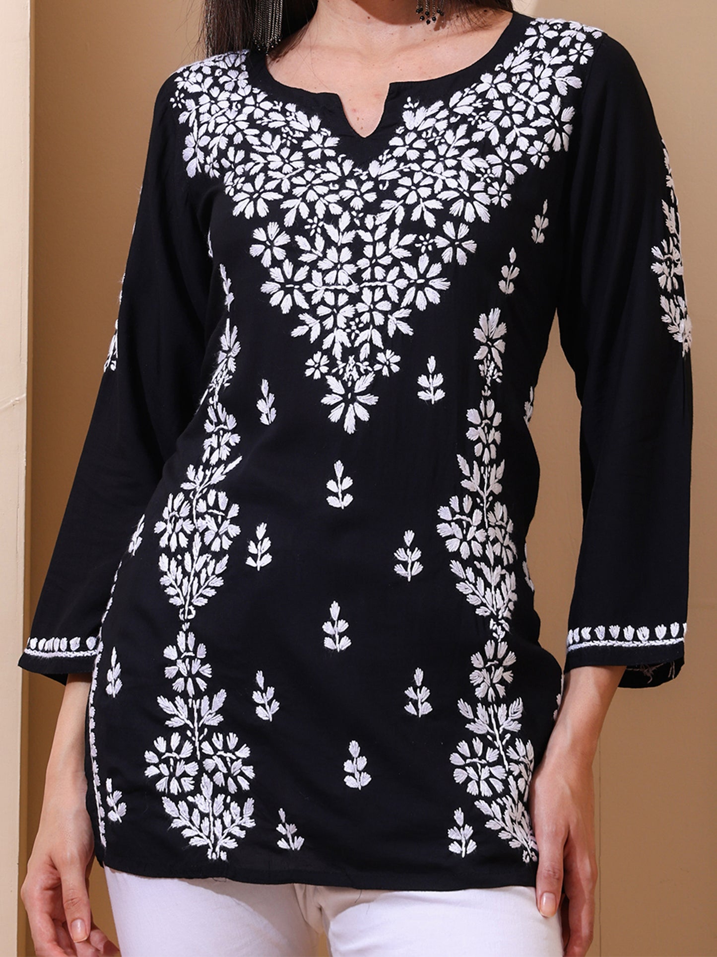 Nazaira Women’s Modal Lucknow Chikankari Short Kurta | Hand Embroidered Luckhnawi Kurti for Women | Ethnic Wear Tunic Top with Panel Work | Black