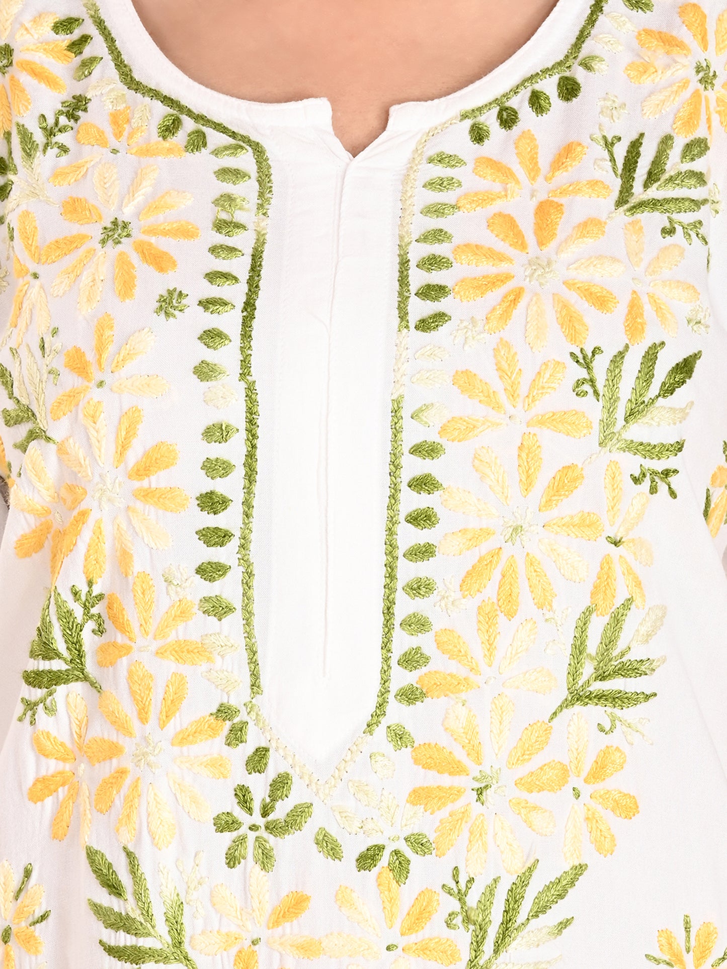 White Rayon Lucknowi Chikankari Long Kurta for Women with Yellow & Green Floral Hand Embroidery – Ethnic Wear Kurti