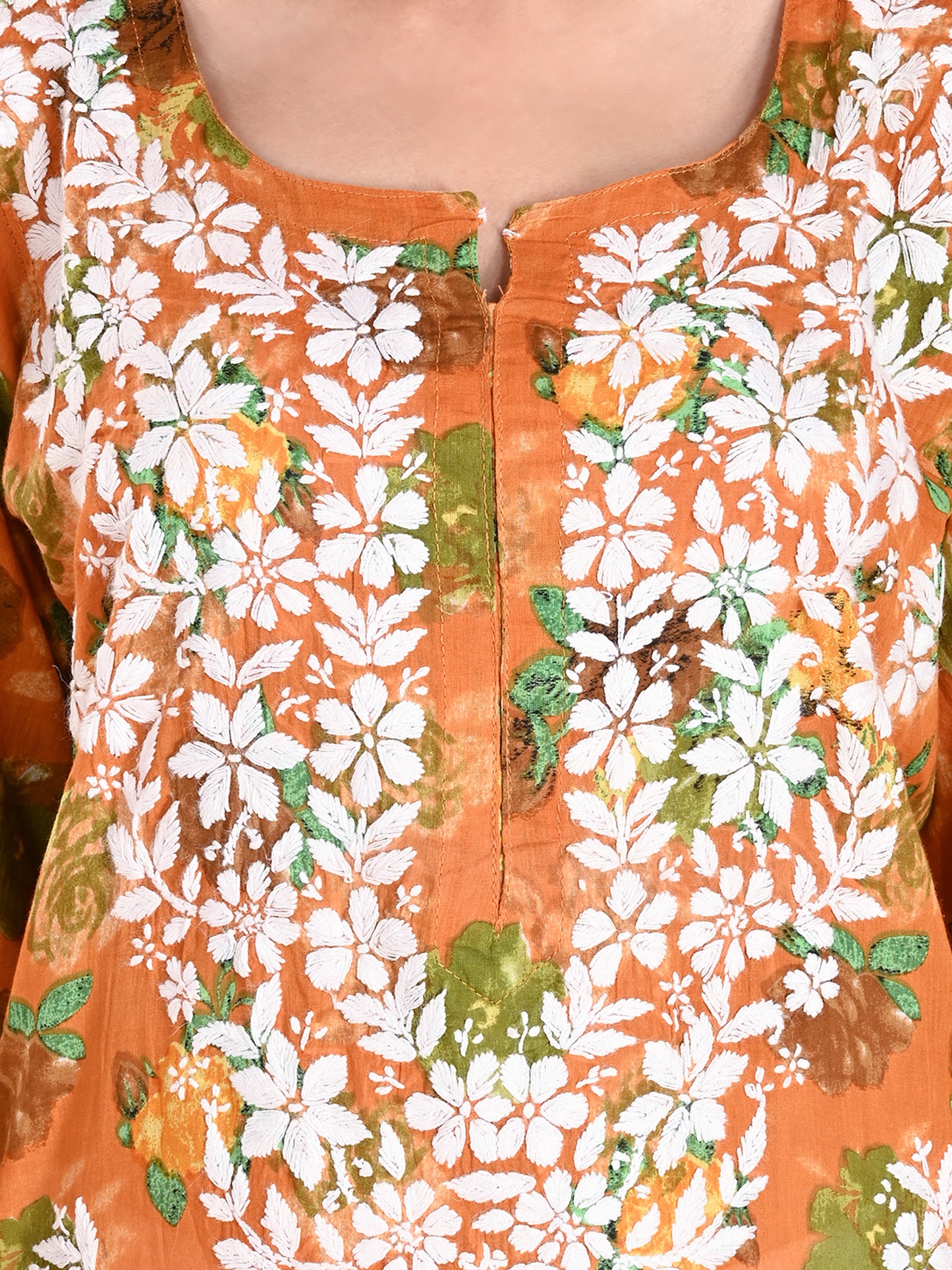 Mustard Mul Cotton Lucknowi Chikankari Floral Printed Long Kurti for Women with Hand Embroidery – Elegant Ethnic Wear Kurta