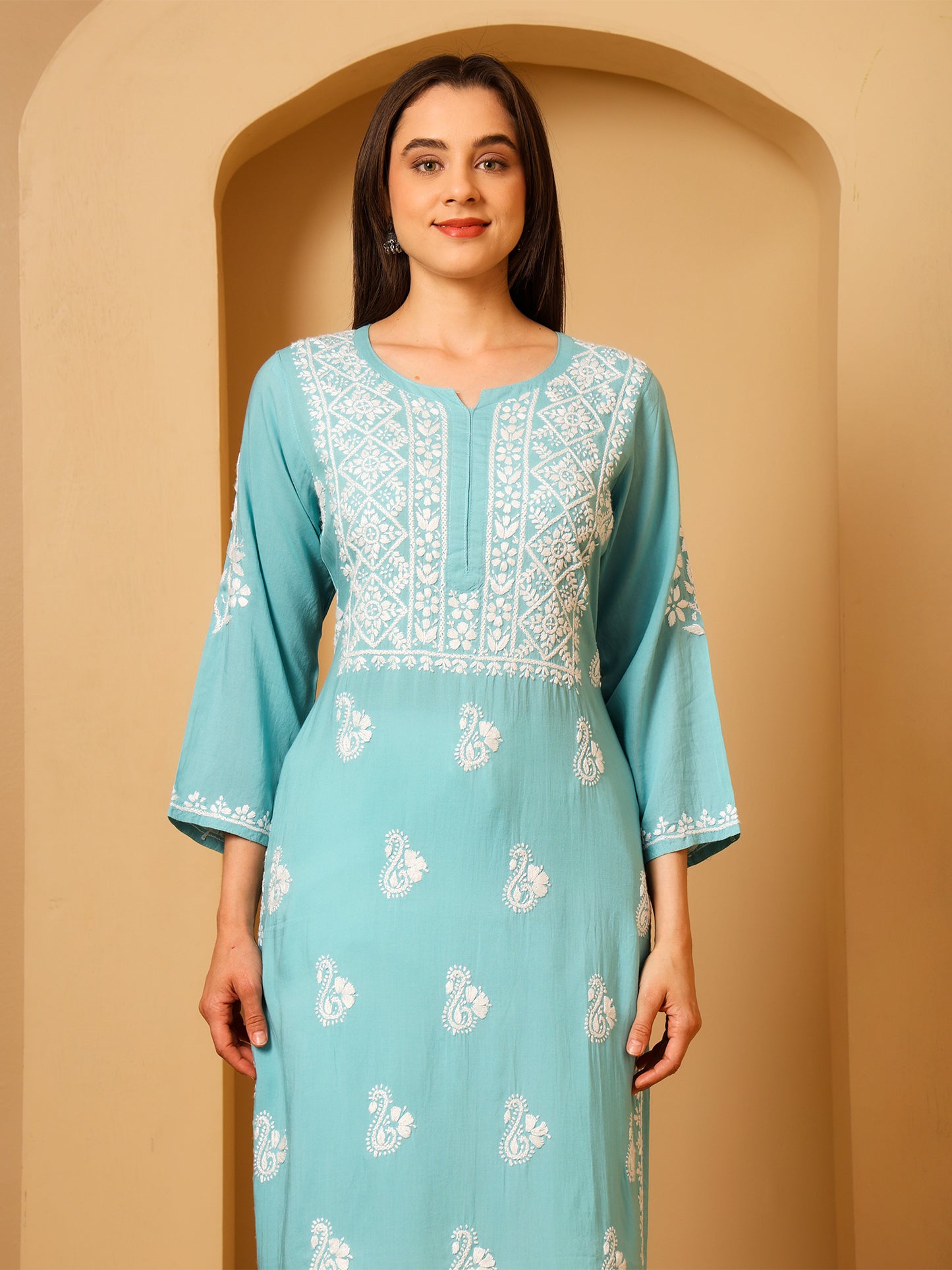 Nazaira Women’s Modal Chikankari Kurta Sea Green | Hand Embroidered Lucknowi Chikankari Kurti | Ethnic Wear Long Kurta for Women | Lightweight Breathable Daily & Festive Wear