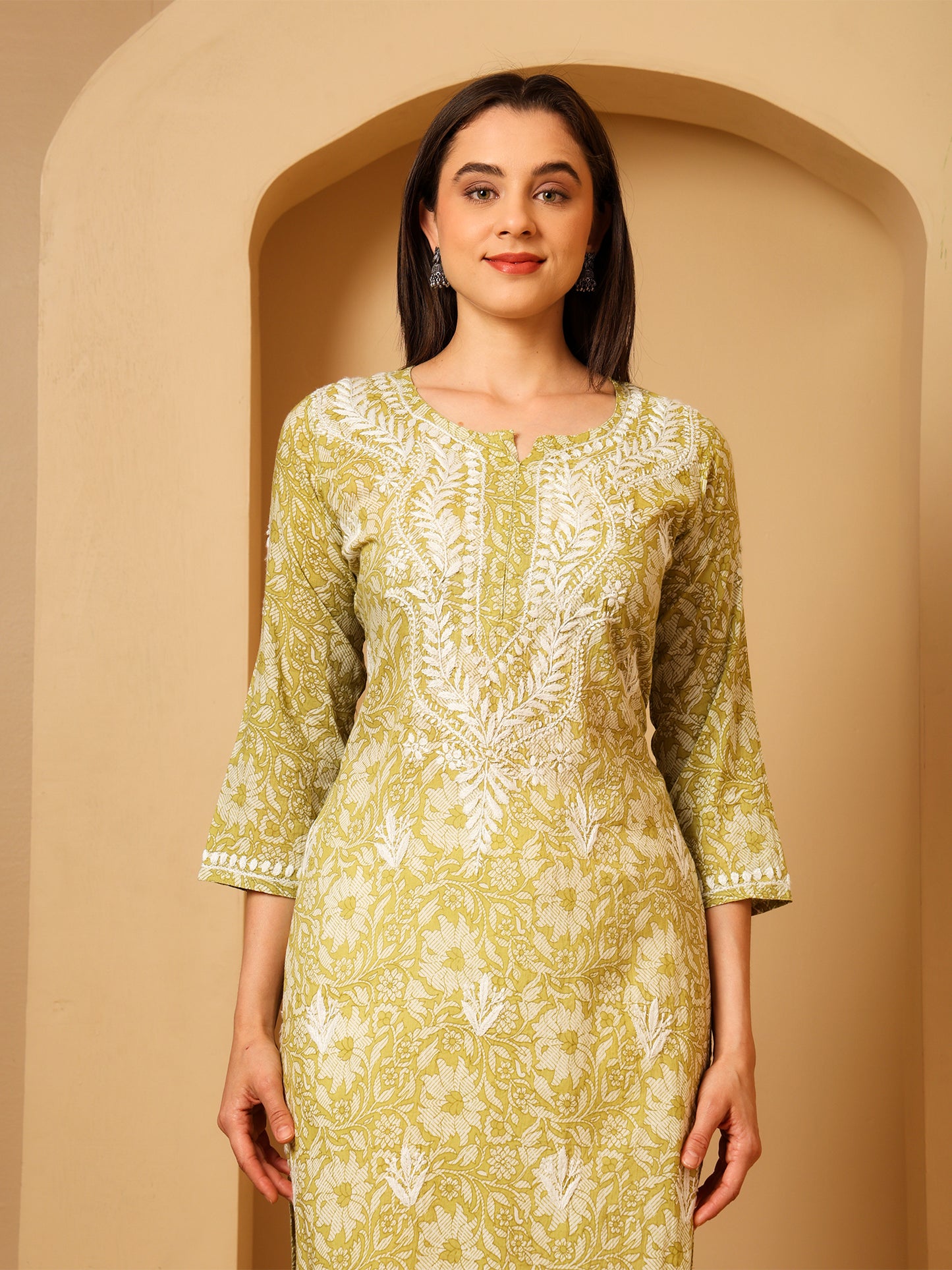 Nazaira Mulmul Cotton Chikankari Kurta for Women Pista Green | Hand Embroidered Lucknow Chikankari Kurti | Ethnic Wear Long Kurta for Women | Handmade Luckhnawi Chickankari Kurta