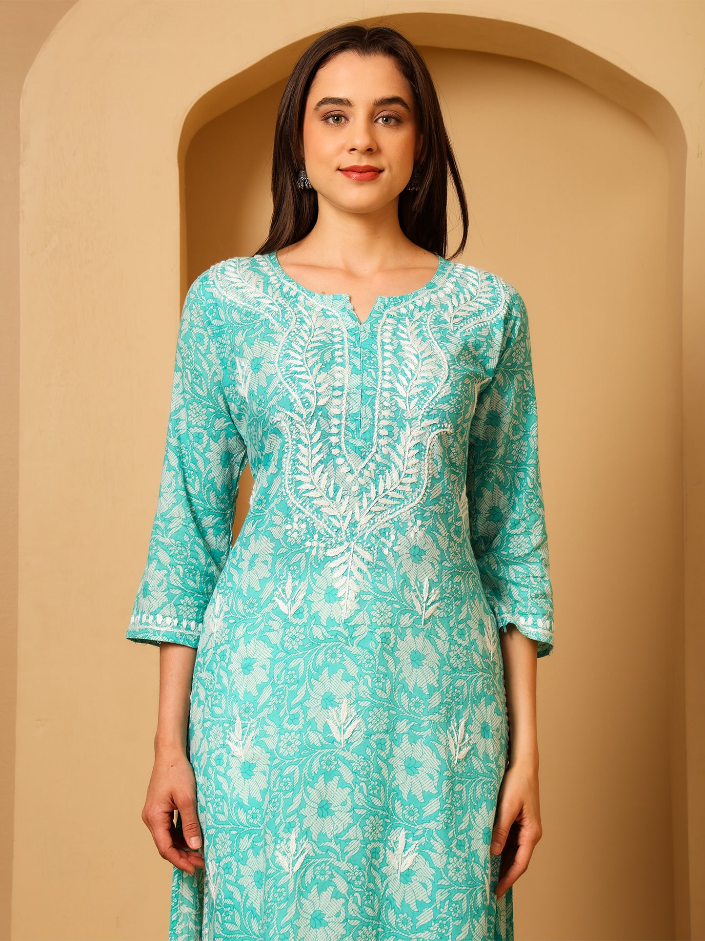 Nazaira Mulmul Cotton Chikankari Kurta for Women Aqua Green | Hand Embroidered Lucknow Chikankari Kurti | Ethnic Wear Long Kurta for Women | Handmade Luckhnawi Chickankari Kurta