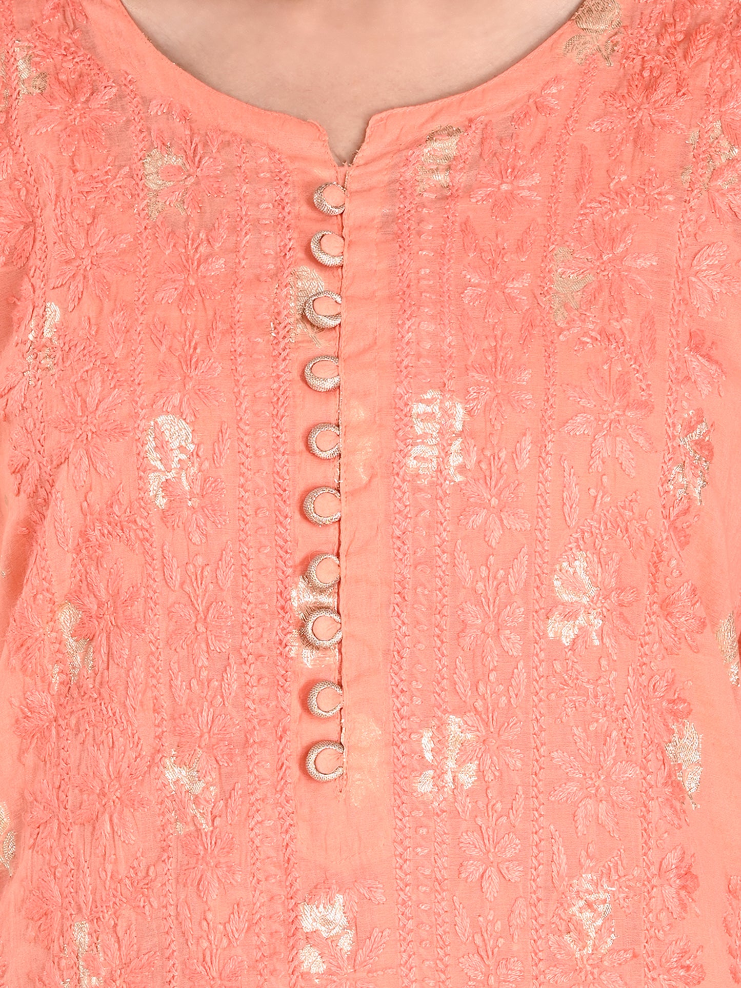 Peach Mul Chanderi Lucknowi Chikankari Long Kurta for Women with Inner, Banarasi Boota Hand Embroidery – Ethnic Wear Kurti