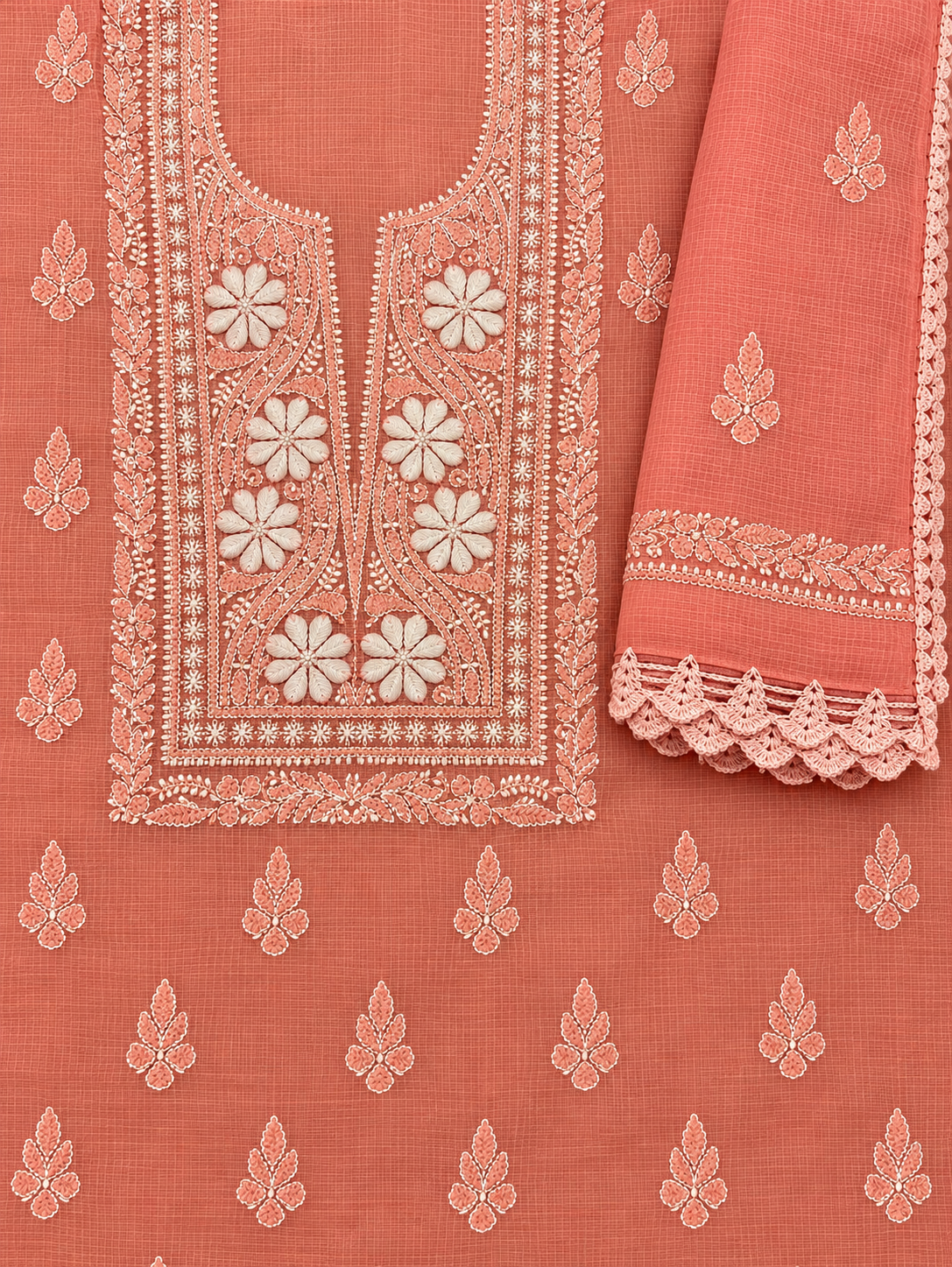 Women's Peach Kota Cotton Unstitched 2 Piece Suit Dress Material with Dupatta | Lucknowi Chikankari Hand Embroidery, Glass Gala Neck Design, All Over Work | Pooja Wedding Festive