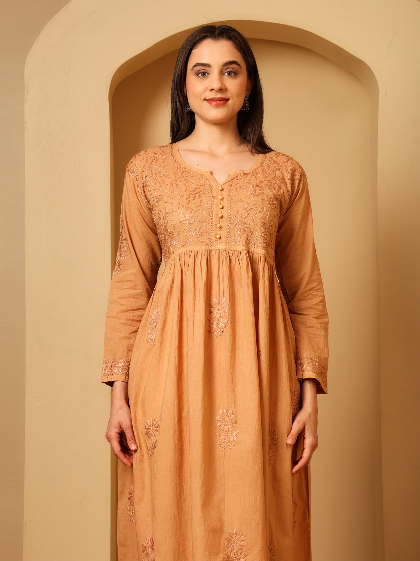 Nazaira Women’s Cotton Chikankari Kurta Gown Style Beige | Hand Embroidered Lucknow Chikankari Kurti | Ethnic Wear for Women | Long Anarkali Kurta | Handmade Cotton Kurta