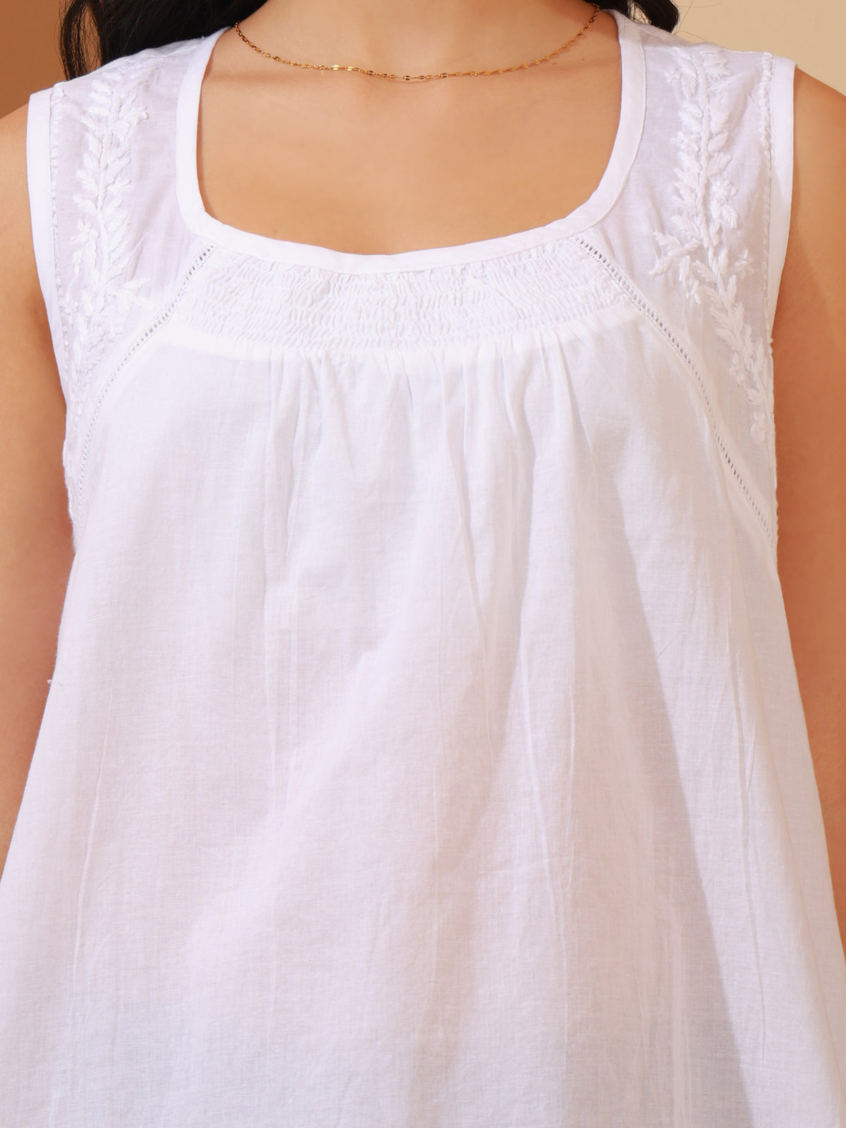 Nazaira Cotton Chikankari Top for Women | White Lucknow Chikankari Hand Embroidered Sleeveless Short Kurti | Handmade Handwork Ethnic Wear Top (IN, Alpha, L, White with Embroidery)