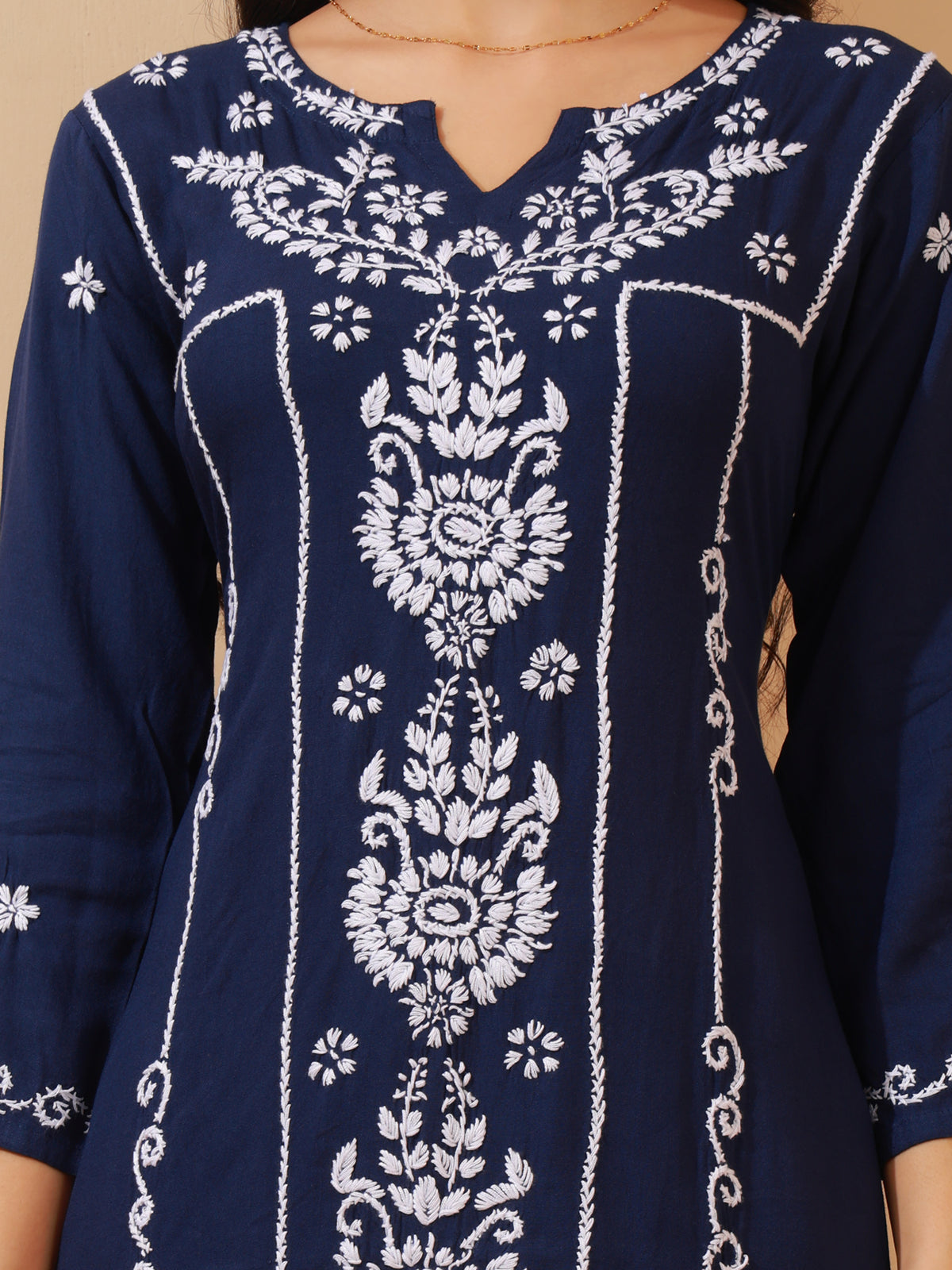 Nazaira Rayon Chikankari Kurta Pant Set for Women | Navy Blue Lucknowi Hand Embroidery Long Kurti with Pant & Pockets | Handmade Ethnic Wear for Women | Modern Traditional Handwork