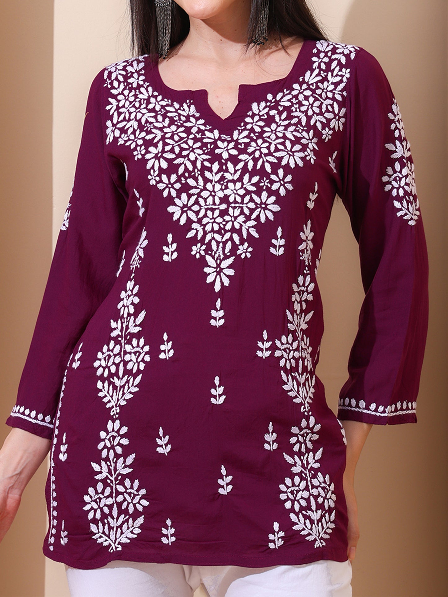 Nazaira Women’s Modal Lucknow Chikankari Short Kurta | Hand Embroidered Luckhnawi Kurti for Women | Ethnic Wear Tunic Top with Panel Work | Wine