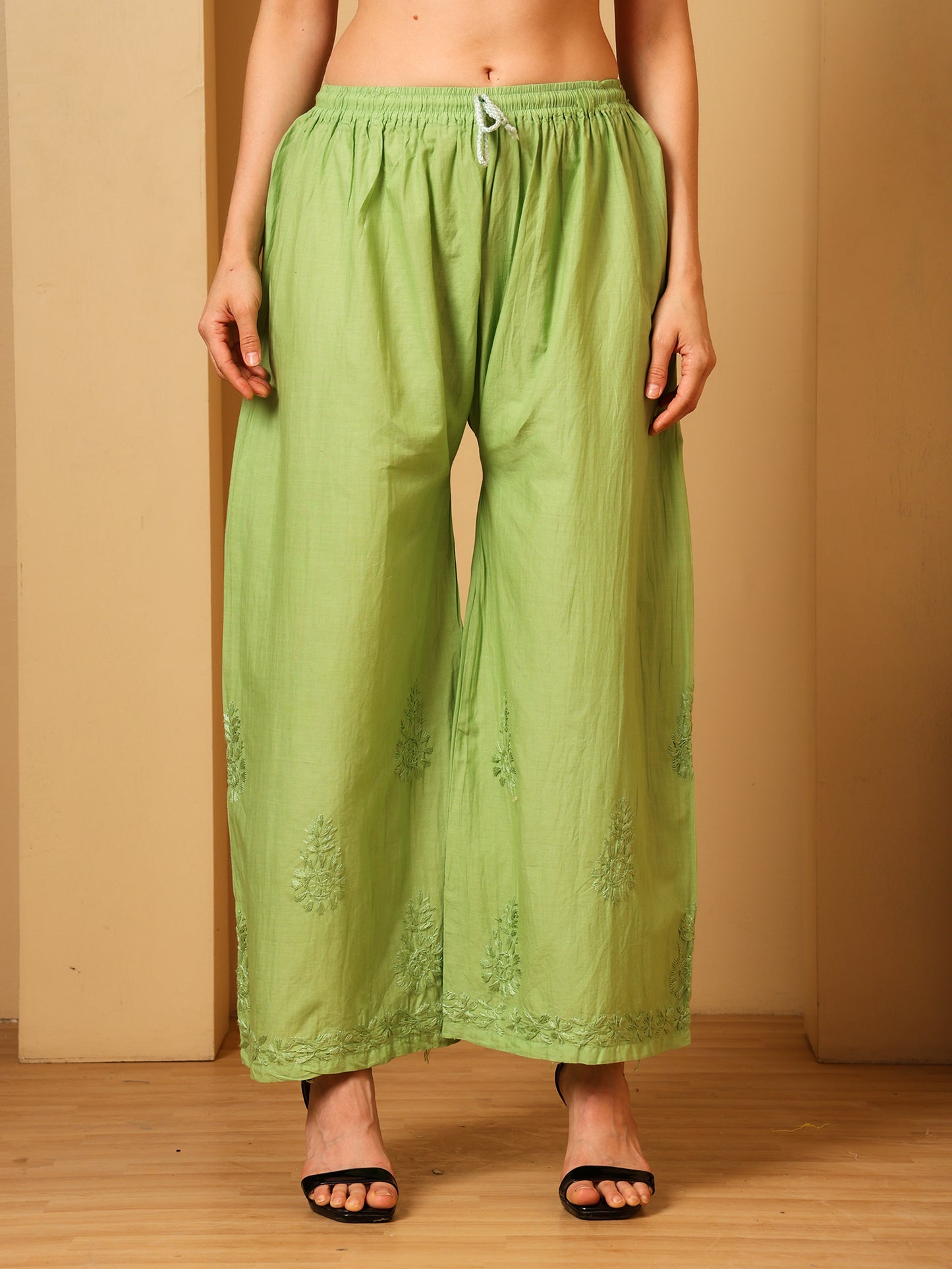 Cotton Chikankari Kurta Palazzo Set for Women | Hand Embroidered Lucknowi Chikankari Kurti with Palazzo | Ethnic Wear Long Kurta Set (Green) | Handmade Cotton Kurta for Women