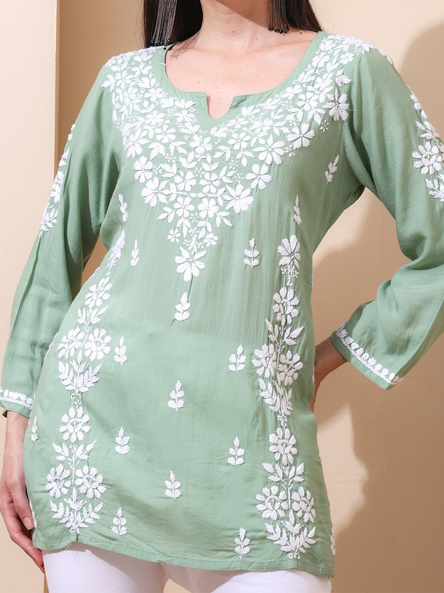 Nazaira Women’s Modal Lucknow Chikankari Short Kurta | Hand Embroidered Luckhnawi Kurti for Women | Ethnic Wear Tunic Top with Panel Work