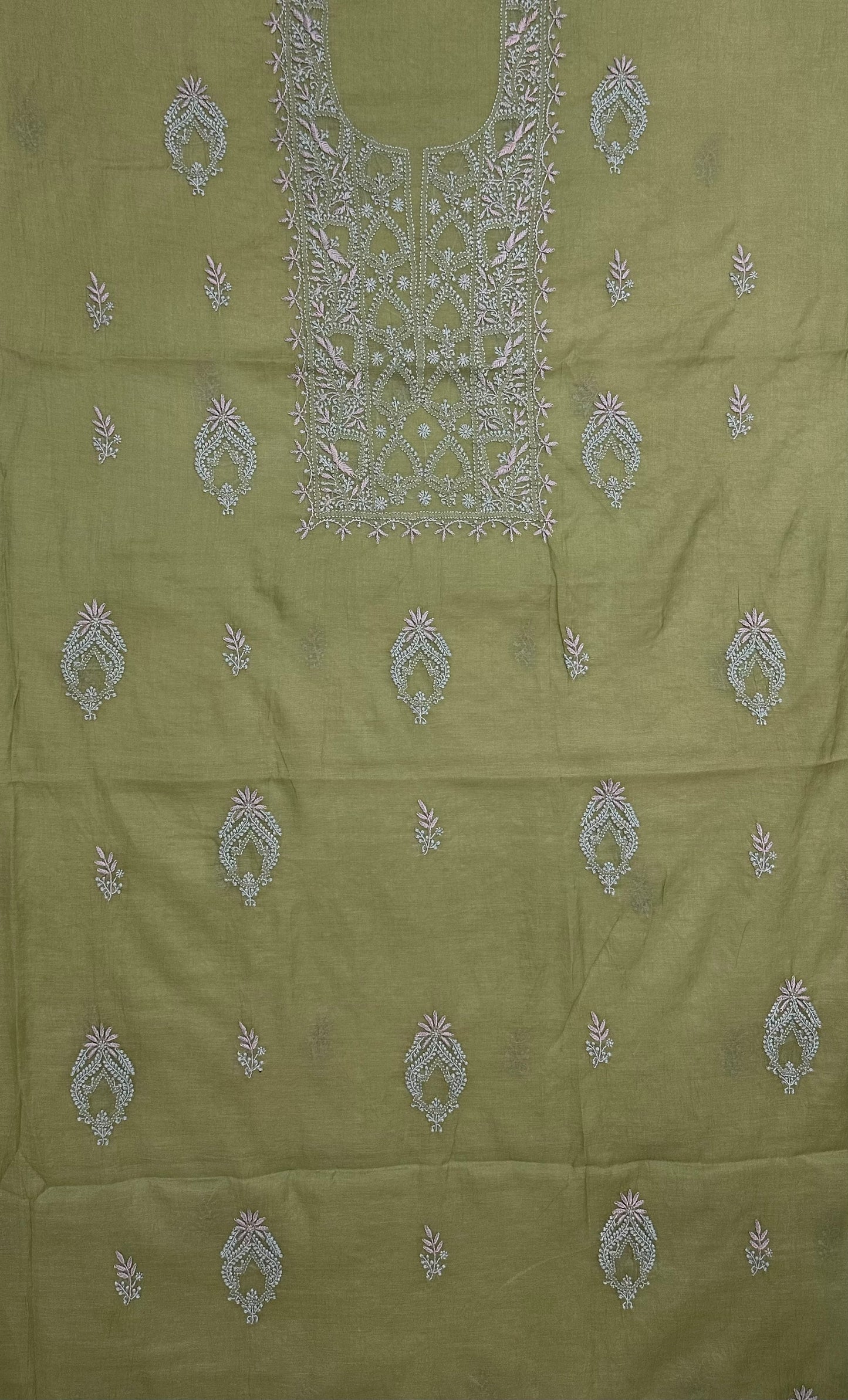 Pure Mul Chanderi Lucknowi Chikankari Unstitched Suit for Women with Dupatta – Hand Embroidered Ethnic Dress Material (2 Piece Set) - Green