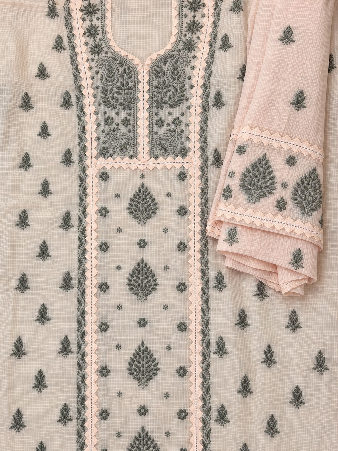 NAZAIRA Women's Peach Kota Cotton Unstitched 2 Piece Suit Dress Material with Dupatta | Lucknow Chikankari Hand Embroidery, Applique & 3D Work | Heavy Dupatta, Wedding & Festive
