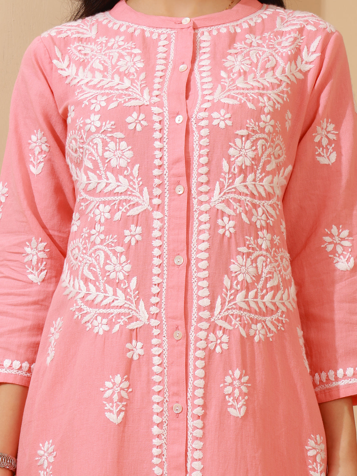 Nazaira Cotton Chikankari Kurta Pant Set for Women | Peach Lucknowi Hand Embroidered Shirt Style Long Kurta with Pant & Pockets | Handmade Ethnic Wear | Modern Traditional Chikankari Handwork