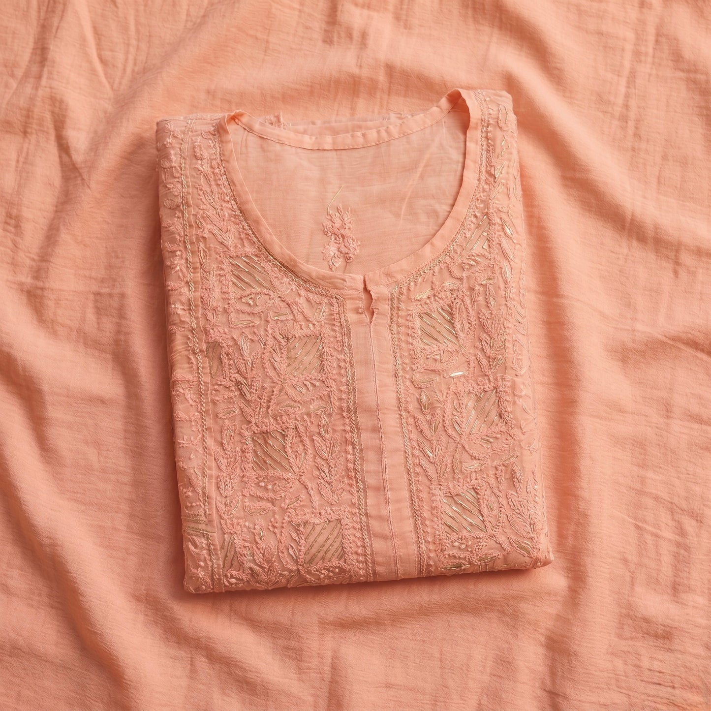 Nazaira Pure Mul Chanderi Semi-Stitched Lucknow Chikankari Suit for Women with Dupatta | Hand Embroidered Naira Cut Gown Style Dress Material | Heavy Cutdana Work | Ethnic Wear | Pastel Peach |