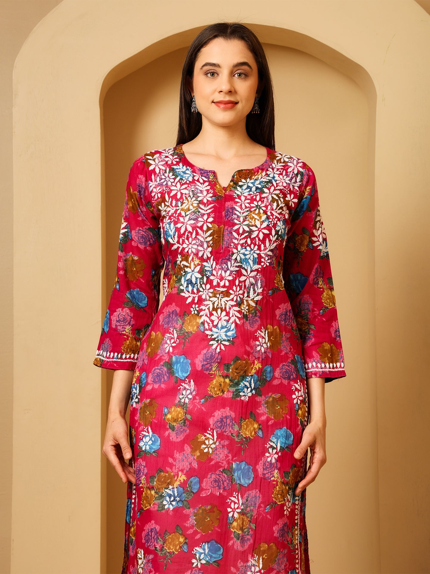 Nazaira Women’s Magenta Mul Cotton Lucknowi Chikankari Long Kurti | Hand-Embroidered Floral Printed Cotton Kurta | Elegant Ethnic Wear for Women | Traditional Lucknow Chikan Work |