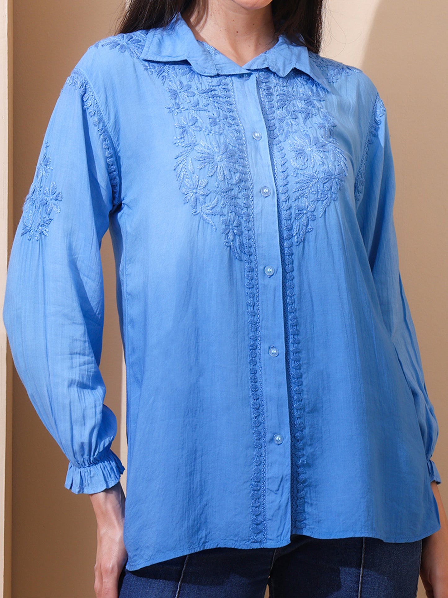 Nazaira Women’s Modal Lucknow Chikankari Shirt for Women | Hand Embroidered Luckhnawi Chickankari Top | Blue Ombre Ethnic Wear Shirt with 3/4 Sleeves | Handmade for Women