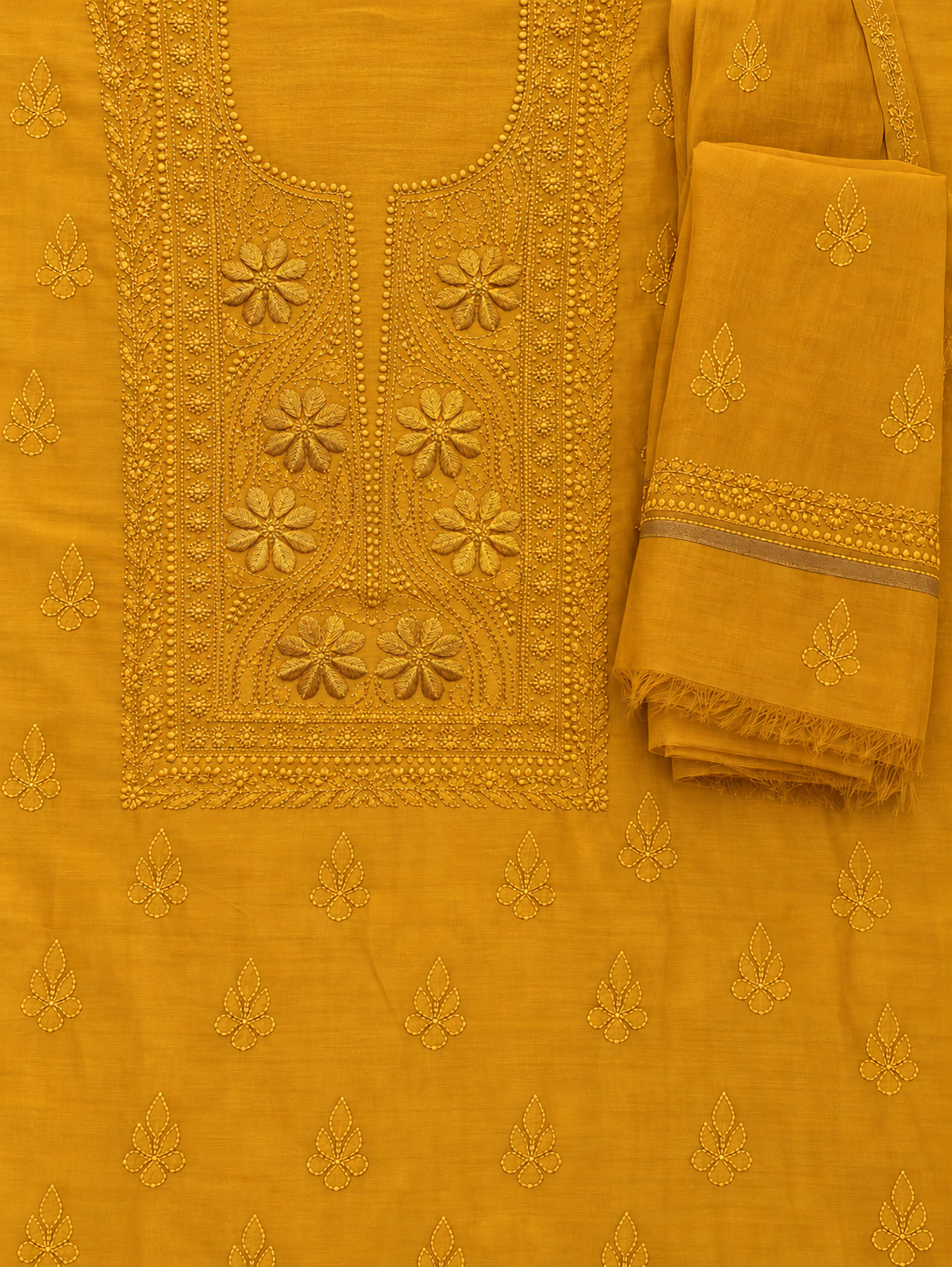NAZAIRA Women's Mustard Silk Chanderi Unstitched 2-Piece Suit (Kurta Fabric & Dupatta) | Hand Embroidered Lucknow Chikankari | Glass Gala Neck Work, All-Over Buti | Wedding & Festive
