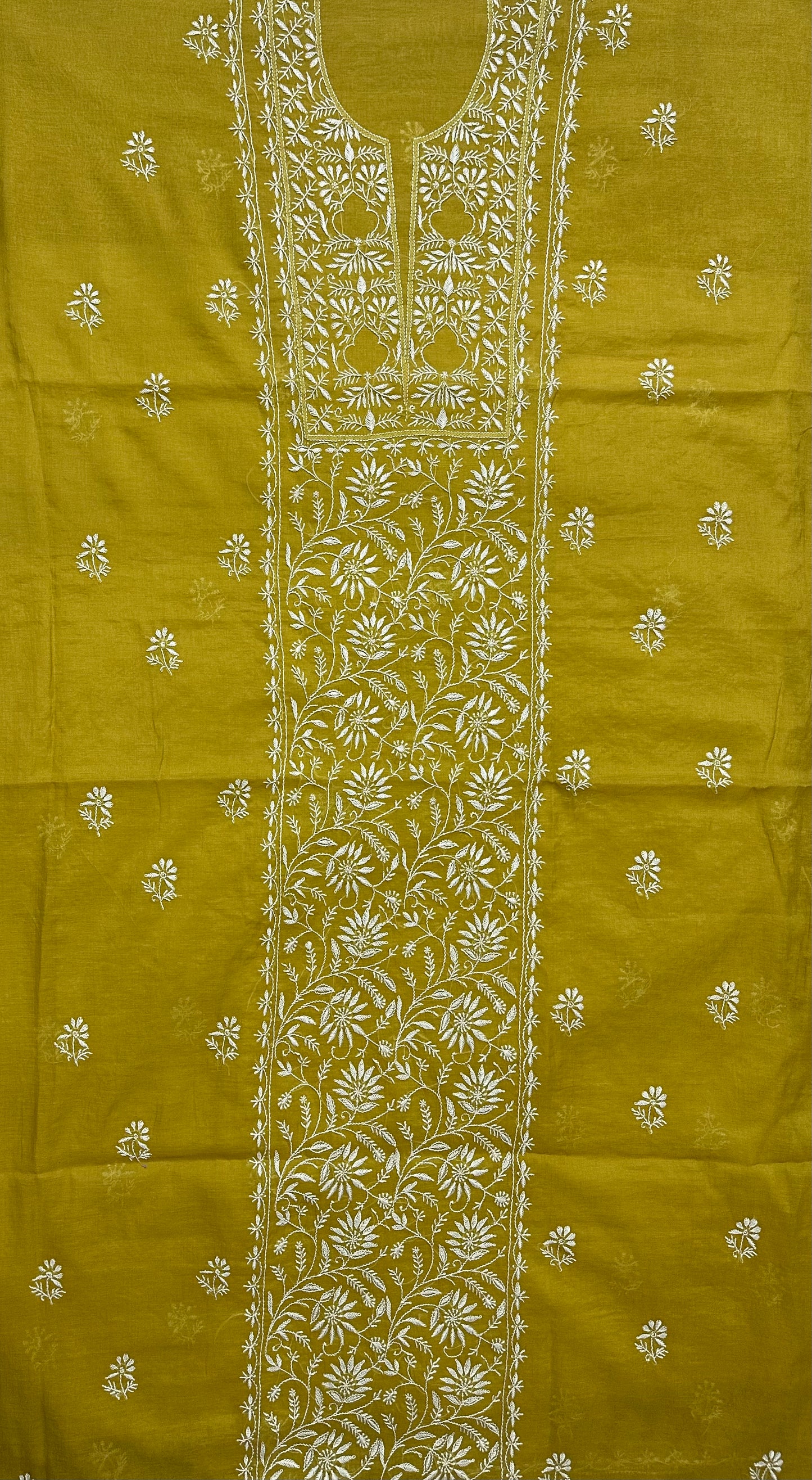 Pure Mul Chanderi Lucknowi Chikankari Unstitched Suit for Women with Dupatta – Hand Embroidered Ethnic Dress Material (2 Piece Set) - Mehendi