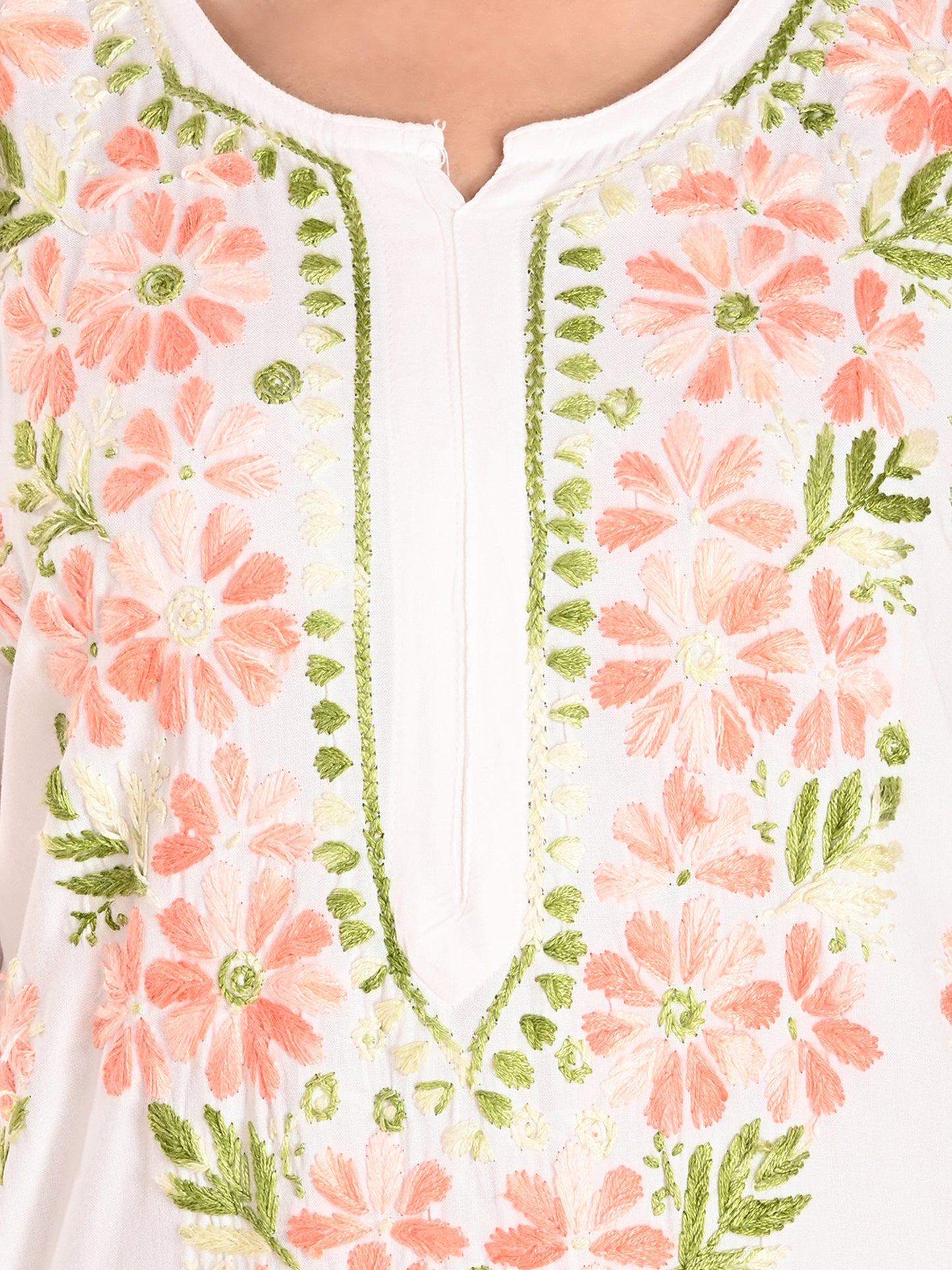 White Rayon Lucknowi Chikankari Long Kurta for Women with Peach & Green Floral Hand Embroidery – Ethnic Wear Kurti