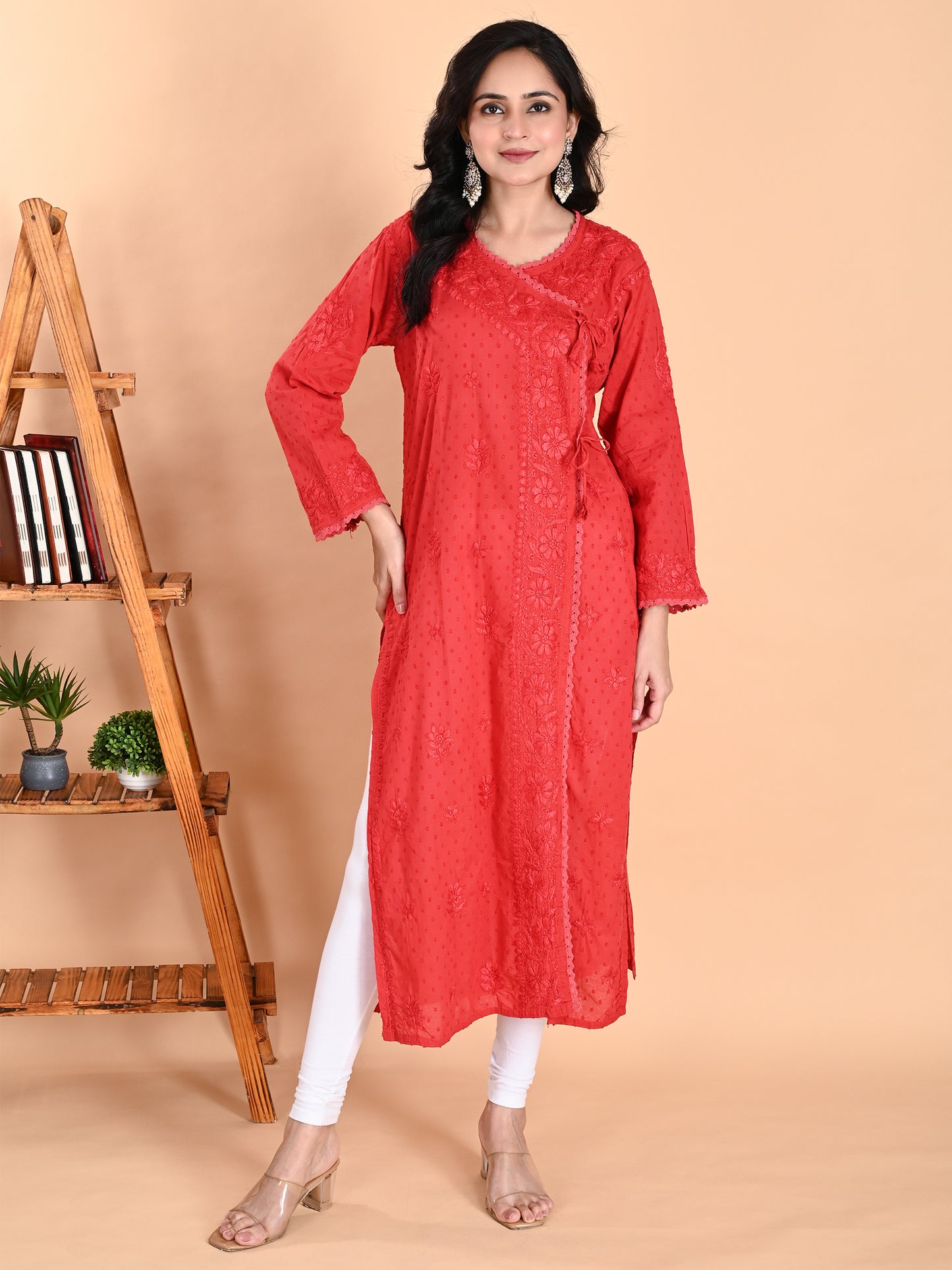 Red Cotton Lucknowi Chikankari Angarkha Kurta for Women with Hand Embroidery – Long Ethnic Daily Wear Kurti