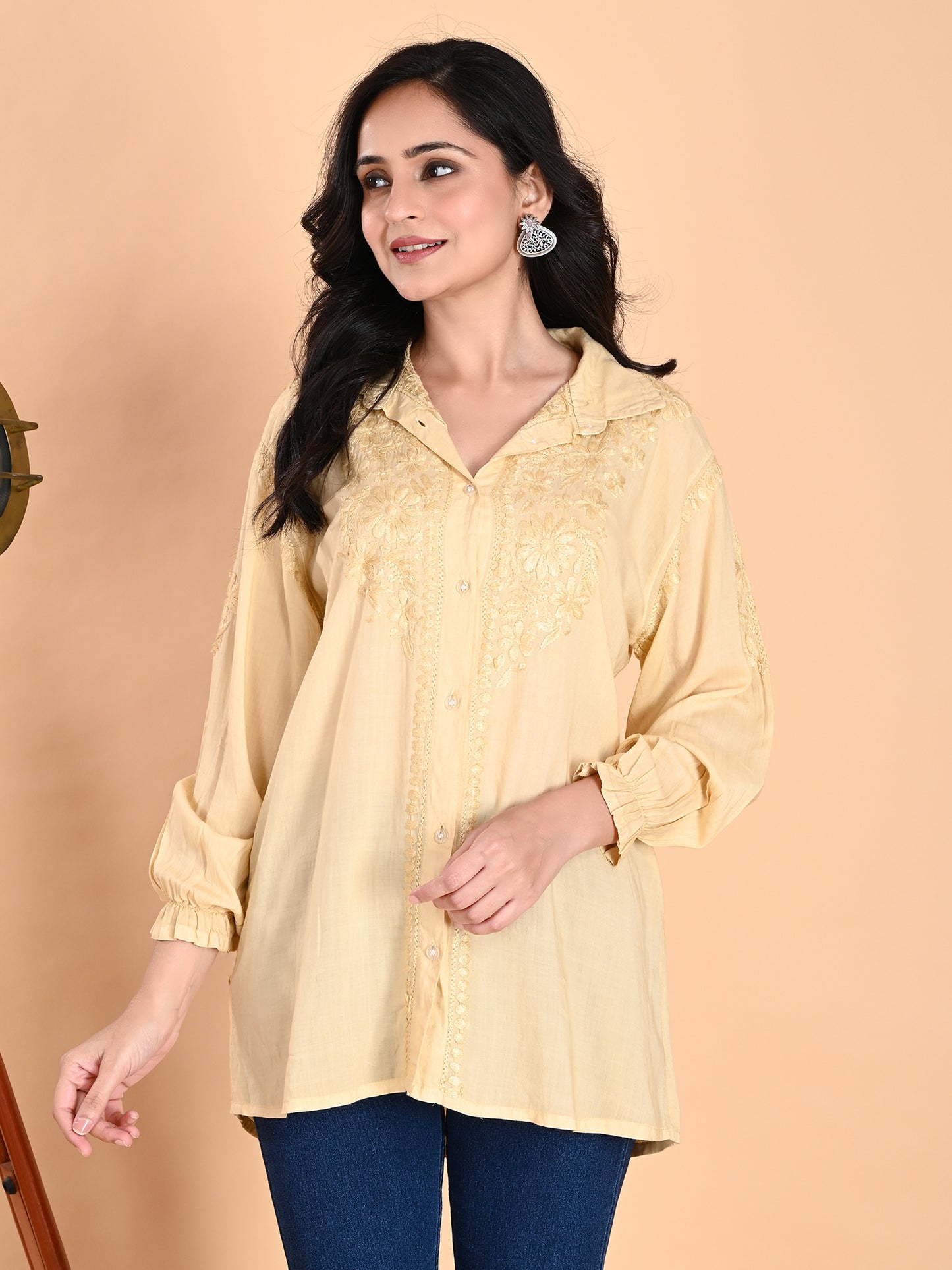 Cream Modal Lucknowi Chikankari Shirt Style Short Kurti for Women with Hand Embroidery – Casual Ethnic Wear Top