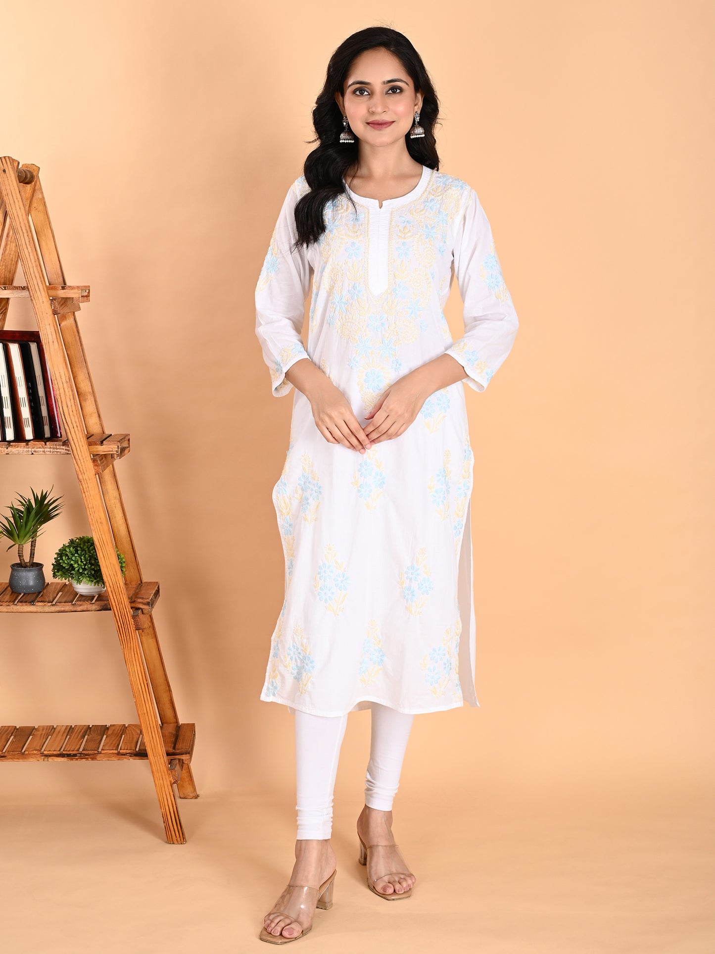 White Cotton Lucknowi Chikankari Long Kurta for Women with Blue & Golden Thread Hand Embroidery – Ethnic Wear Kurti