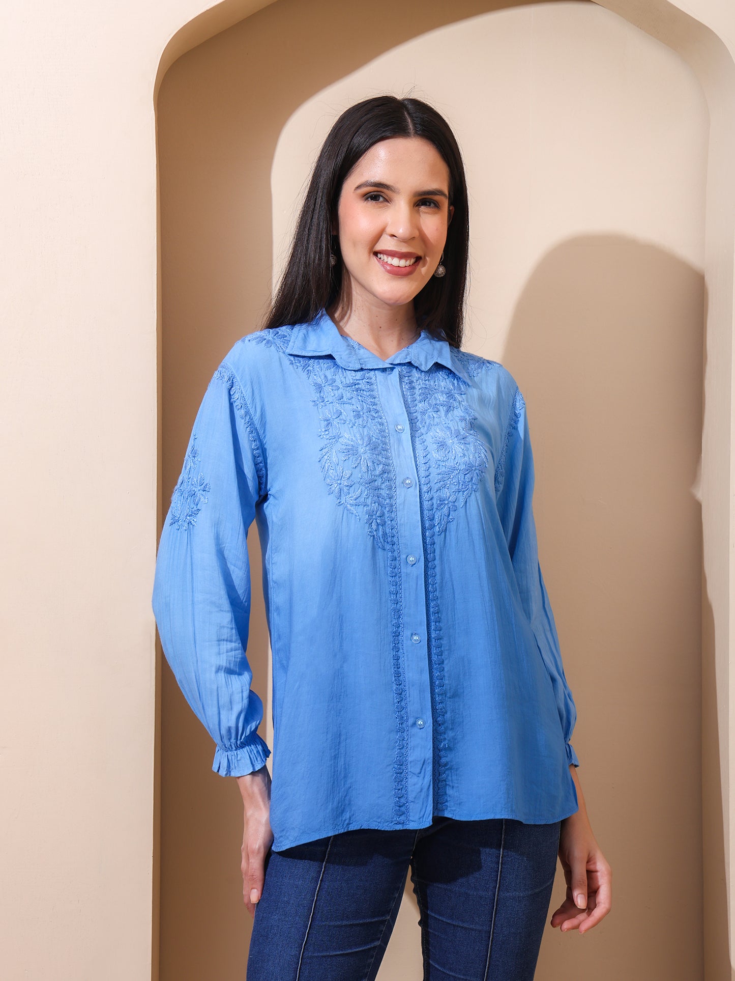 Nazaira Women’s Modal Lucknow Chikankari Shirt for Women | Hand Embroidered Luckhnawi Chickankari Top | Blue Ombre Ethnic Wear Shirt with 3/4 Sleeves | Handmade for Women