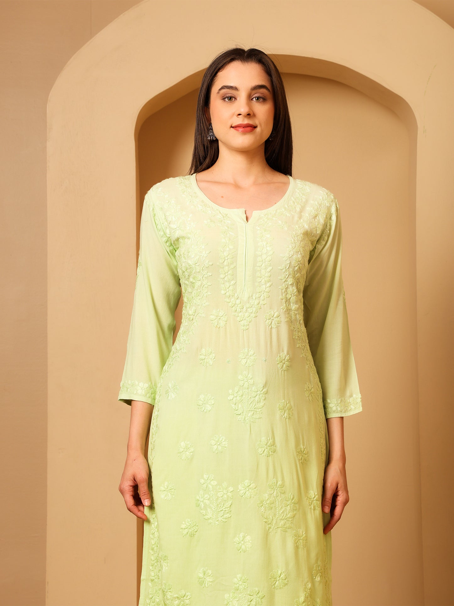 Nazaira Women’s Rayon Lucknow Chikankari Kurta Palazzo Set | Pista Green Ombre Hand Embroidered Kurti Set | Ethnic Wear for Women | Handmade Luckhnawi Chickankari Kurta with Palazzo