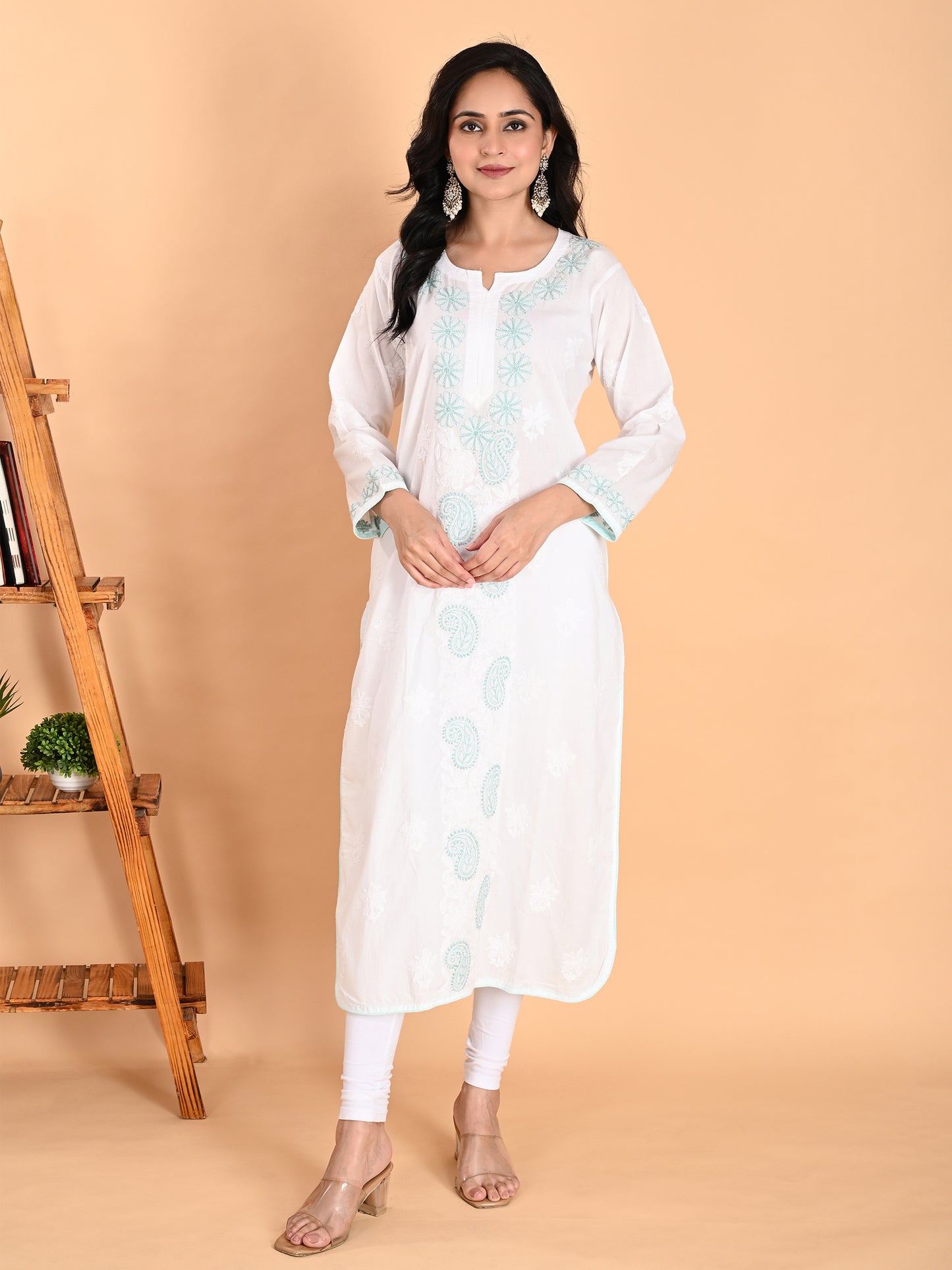 White Mulmul Cotton Lucknowi Chikankari Long Kurta for Women with Sea Green Hand Embroidery – Authentic Ethnic Wear Kurti