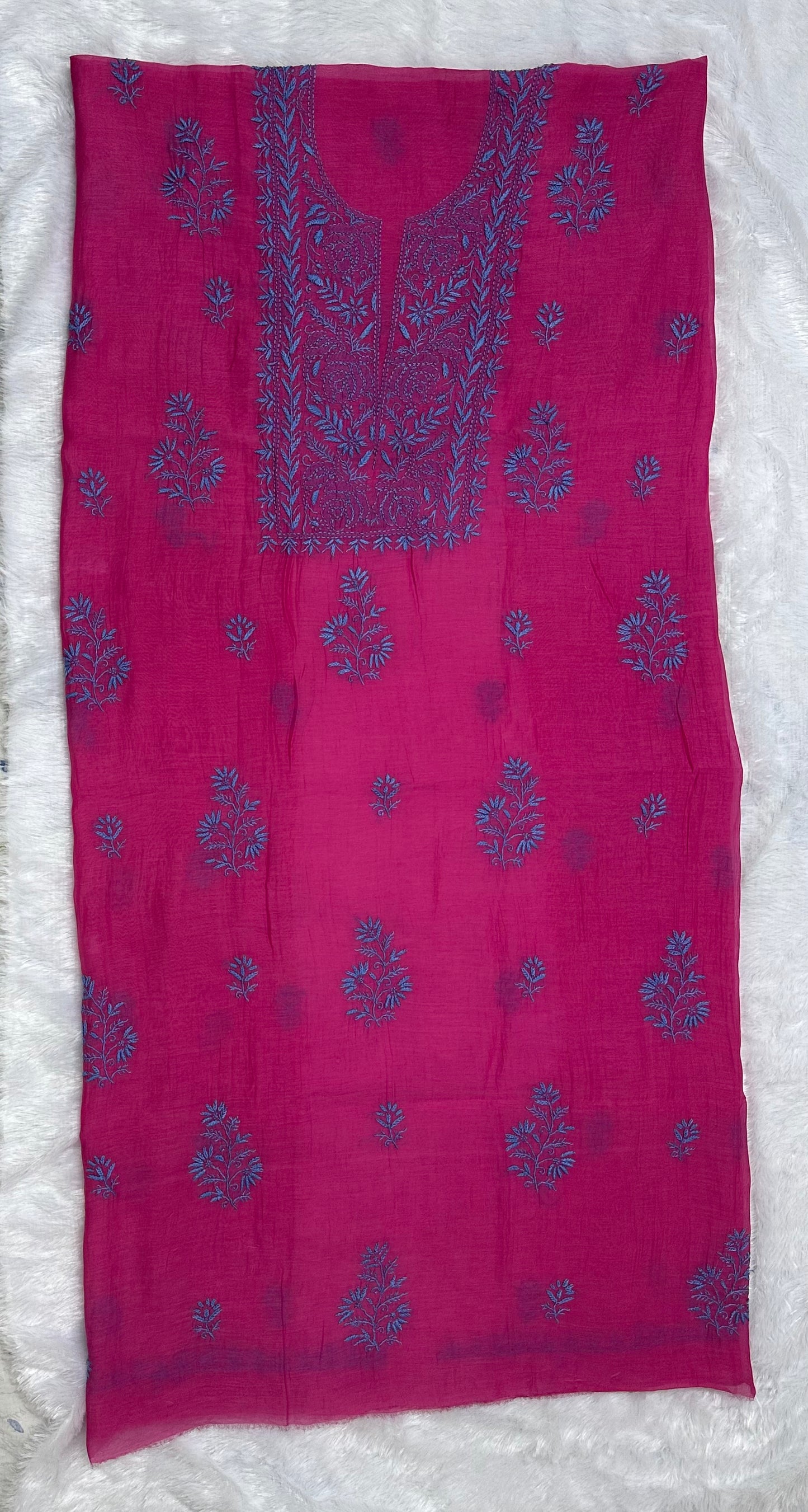 Pure Mul Chanderi Lucknowi Chikankari Unstitched Suit for Women with Dupatta – Hand Embroidered Ethnic Dress Material (2 Piece Set) - Magenta