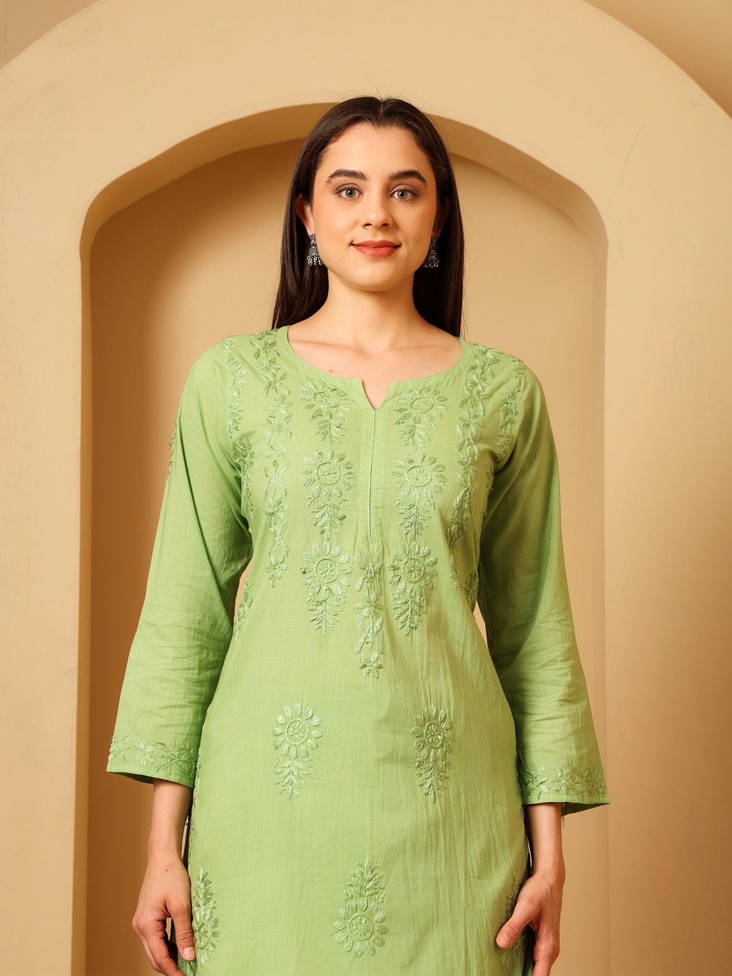 Cotton Chikankari Kurta Palazzo Set for Women | Hand Embroidered Lucknowi Chikankari Kurti with Palazzo | Ethnic Wear Long Kurta Set (Green) | Handmade Cotton Kurta for Women