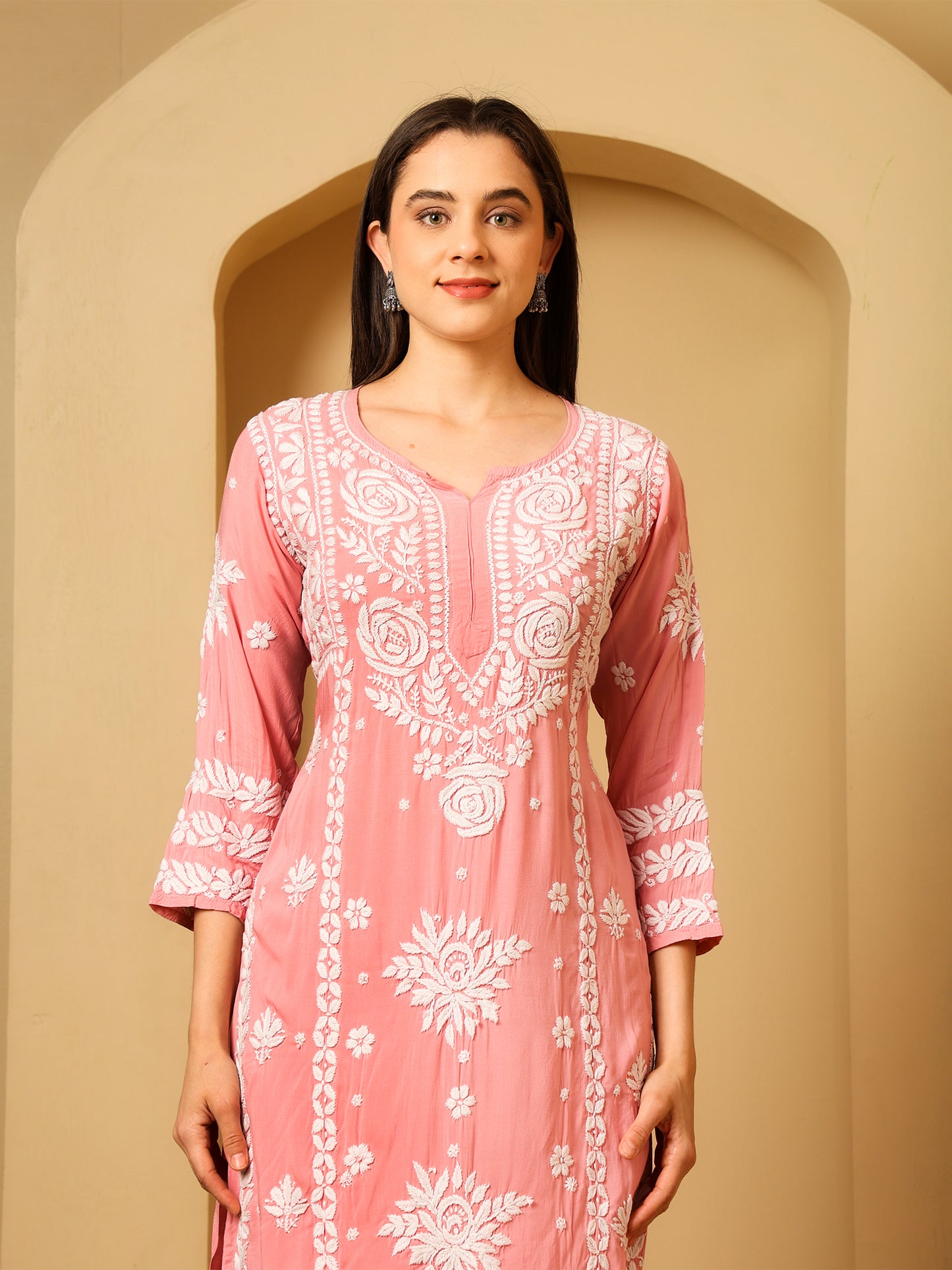Nazaira Modal Lucknow Chikankari Kurta Set for Women with Palazzo | 3D Hand Embroidery Long Kurti | Ethnic Wear for Women | Handmade Luckhnawi Chickankari | Pink |