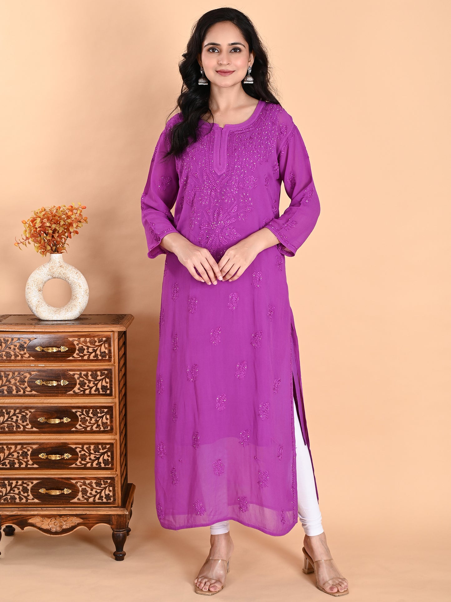 Purple Viscose Georgette Lucknowi Chikankari Long Kurta for Women with Inner, Hand Embroidery, Mukaish & Resham Thread Work – Ethnic Wear Kurti