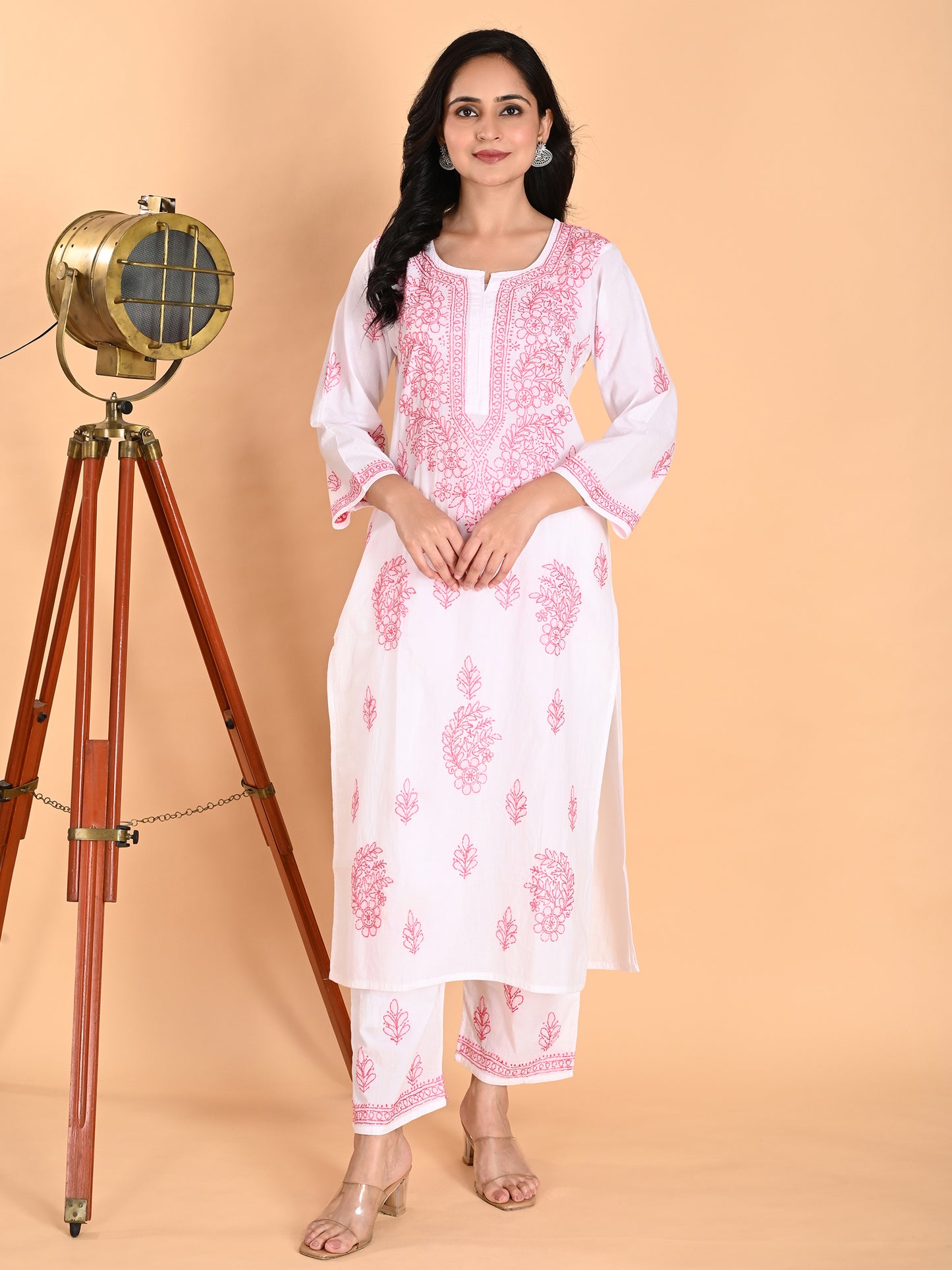 White Cotton Lucknowi Chikankari Kurta with Pajama Set for Women with Pink Thread Hand Embroidery – Ethnic Wear Suit Set