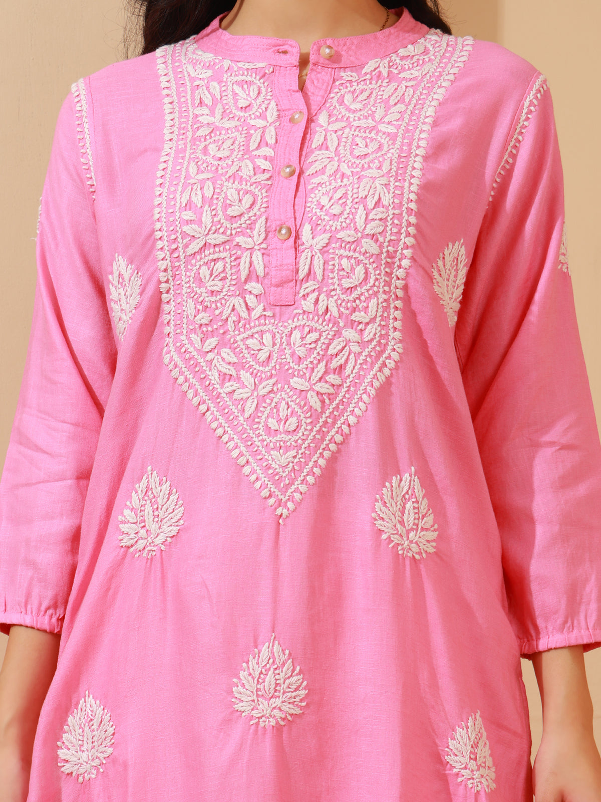 Nazaira Women's Linen Lucknow Chikankari Kurta Pant Set | Pink Hand Embroidered Long Kurta with White Pants with Pockets | Handmade Handwork Ethnic Wear for Women