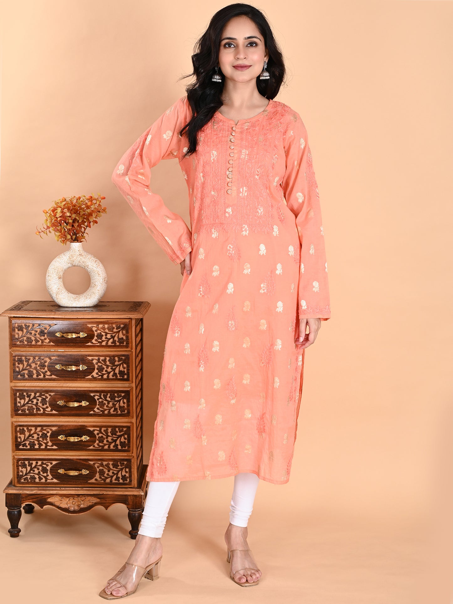 Peach Mul Chanderi Lucknowi Chikankari Long Kurta for Women with Inner, Banarasi Boota Hand Embroidery – Ethnic Wear Kurti