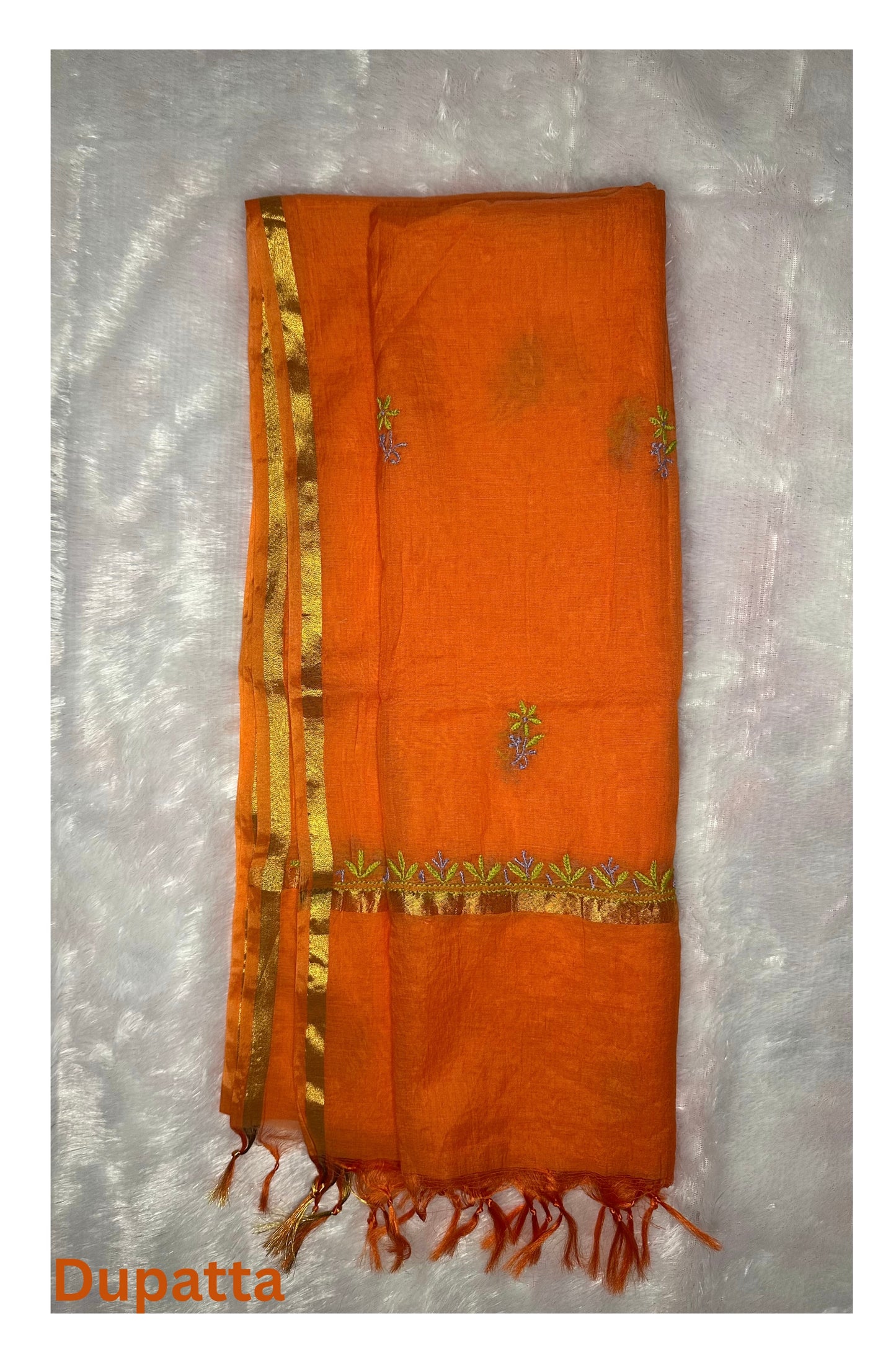 Pure Mul Chanderi Lucknowi Chikankari Unstitched Suit for Women with Dupatta – Hand Embroidered Ethnic Dress Material (2 Piece Set) - Orange