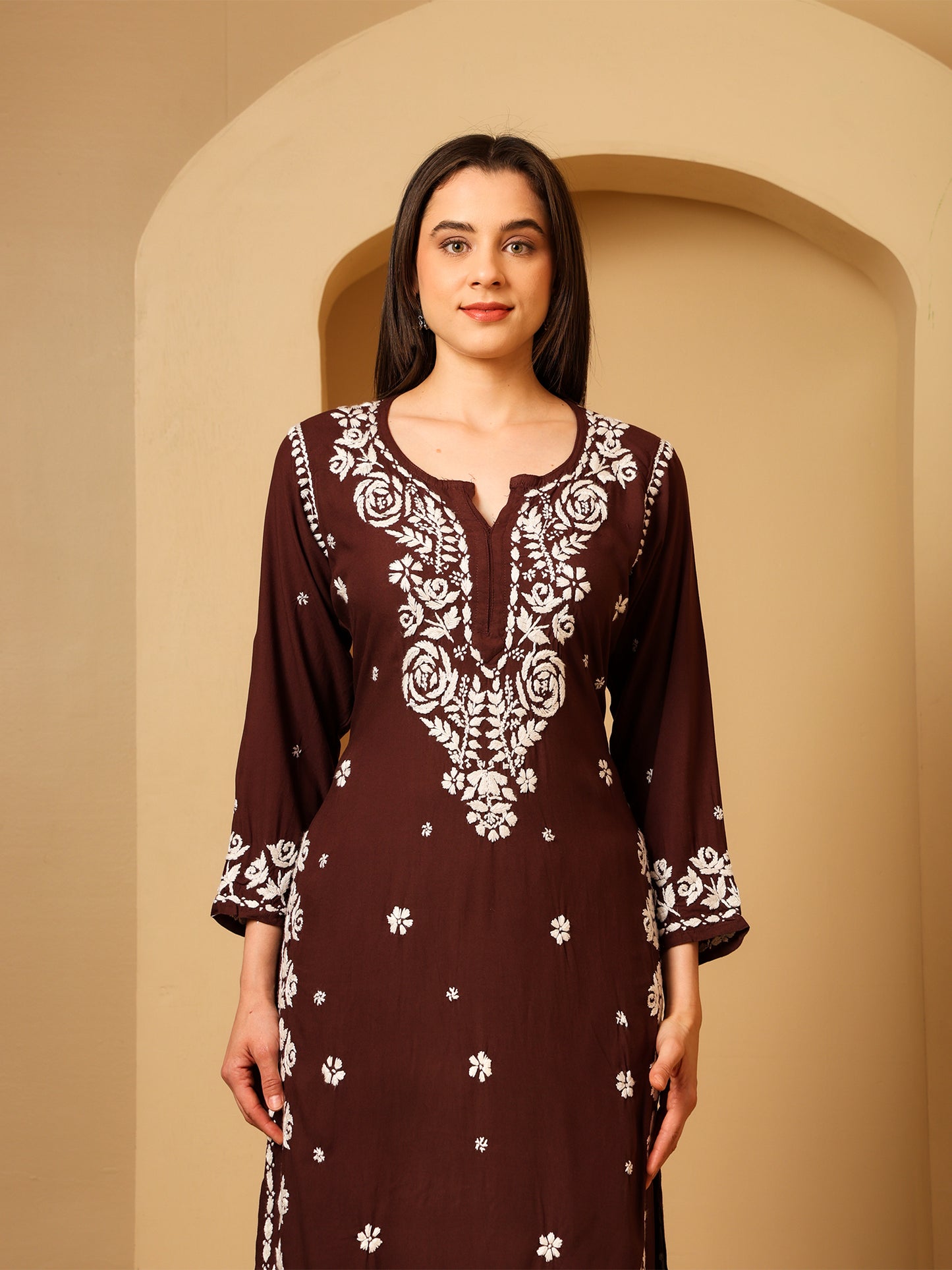 Nazaira Women’s Rayon 3D Work Lucknow Chikankari Kurta with Palazzo Set | Hand Embroidered Lucknawi Chickankari Kurti | Ethnic Wear | Brown |