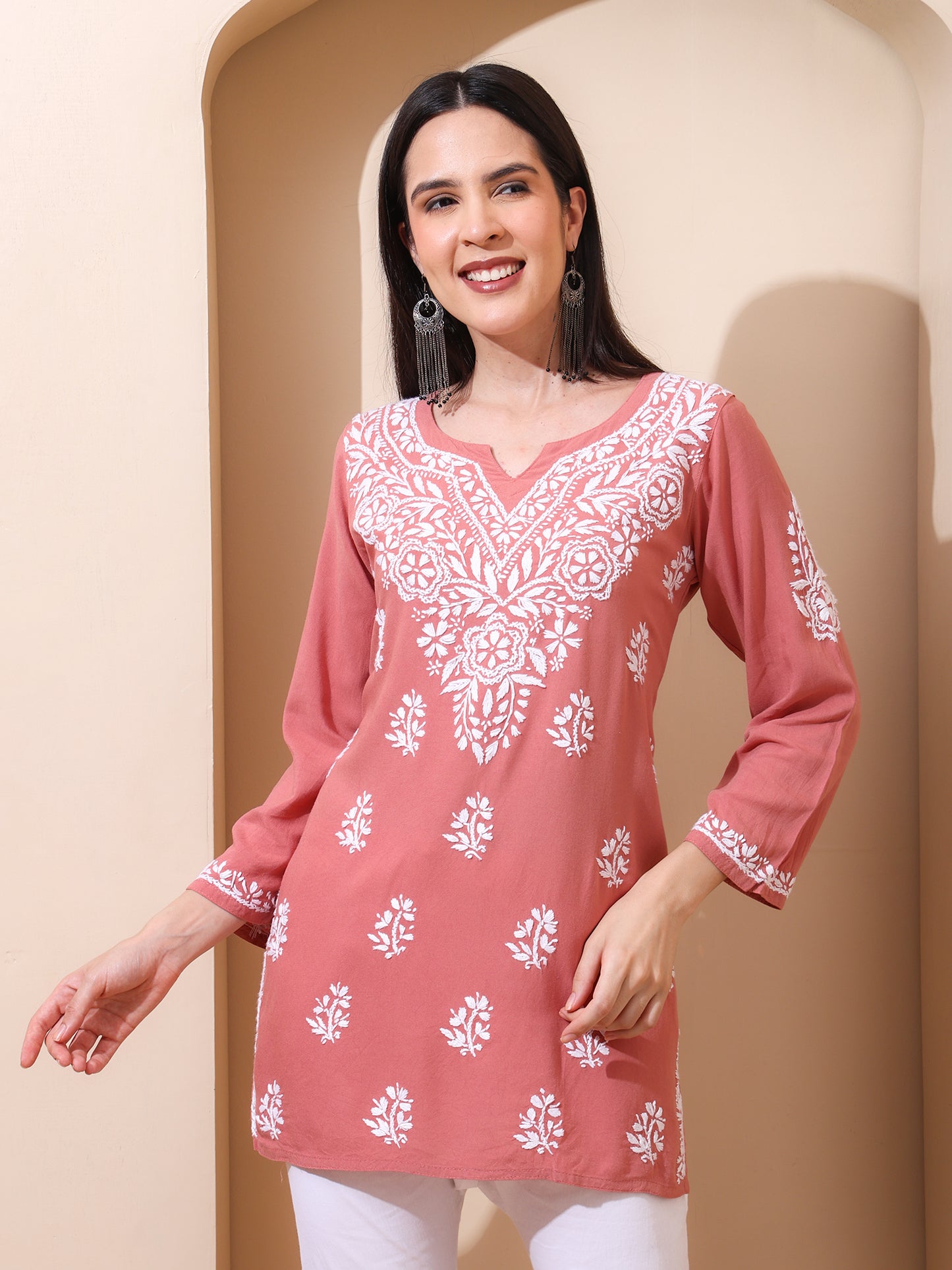 Nazaira Women’s Rayon Lucknow Chikankari Short Kurta | Handmade Hand Embroidered Luckhnawi Kurti for Women | Ethnic Wear Tunic Top for Daily, Casual Peach