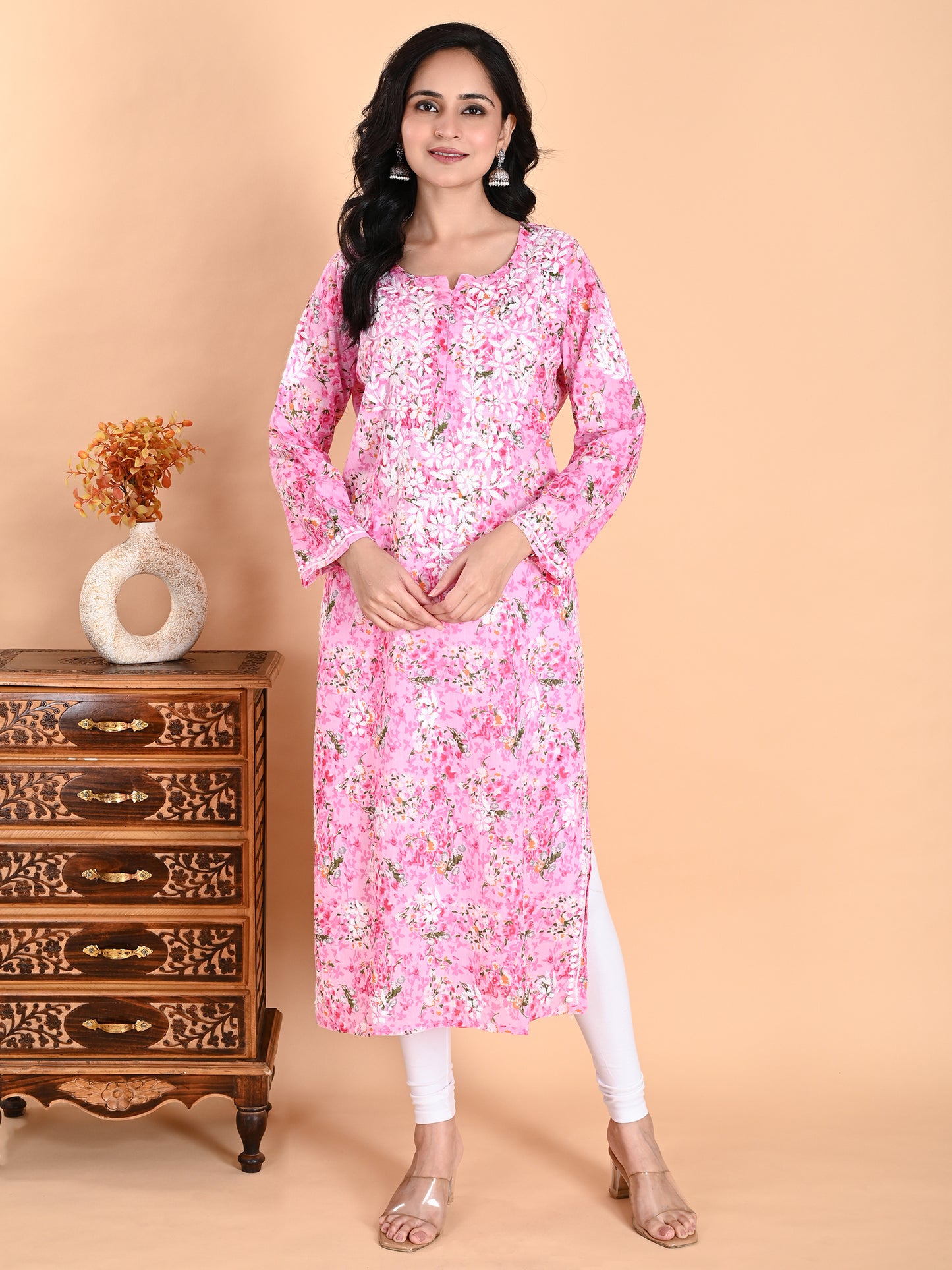 Pink Mul Cotton Lucknowi Chikankari Floral Printed Long Kurti for Women with Hand Embroidery – Elegant Ethnic Wear Kurta