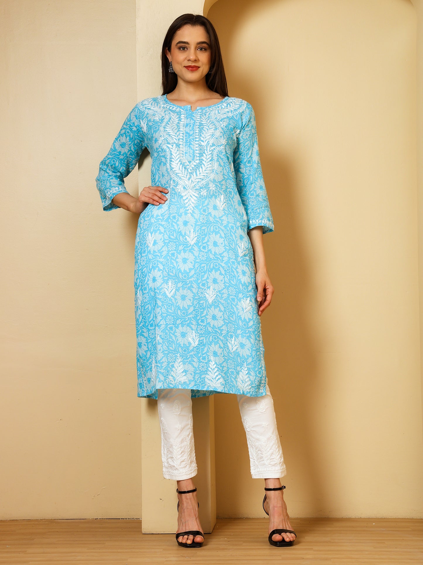 Nazaira Mulmul Cotton Chikankari Kurta for Women Sky Blue | Hand Embroidered Lucknow Chikankari Kurti | Ethnic Wear Long Kurta for Women | Handmade Luckhnawi Chickankari Kurta