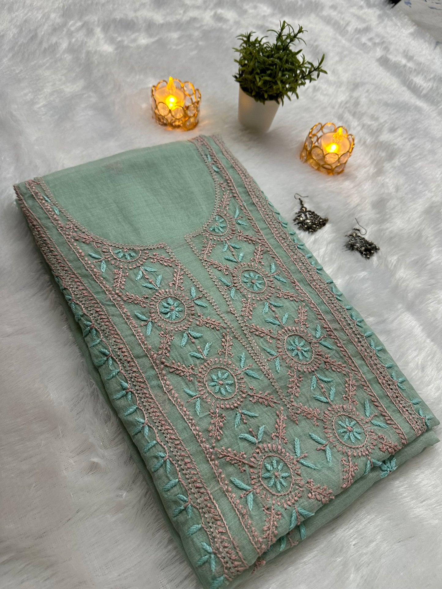 Pure Mul Chanderi Lucknowi Chikankari Unstitched Suit for Women with Dupatta – Hand Embroidered Ethnic Dress Material (2 Piece Set) - Sea Green