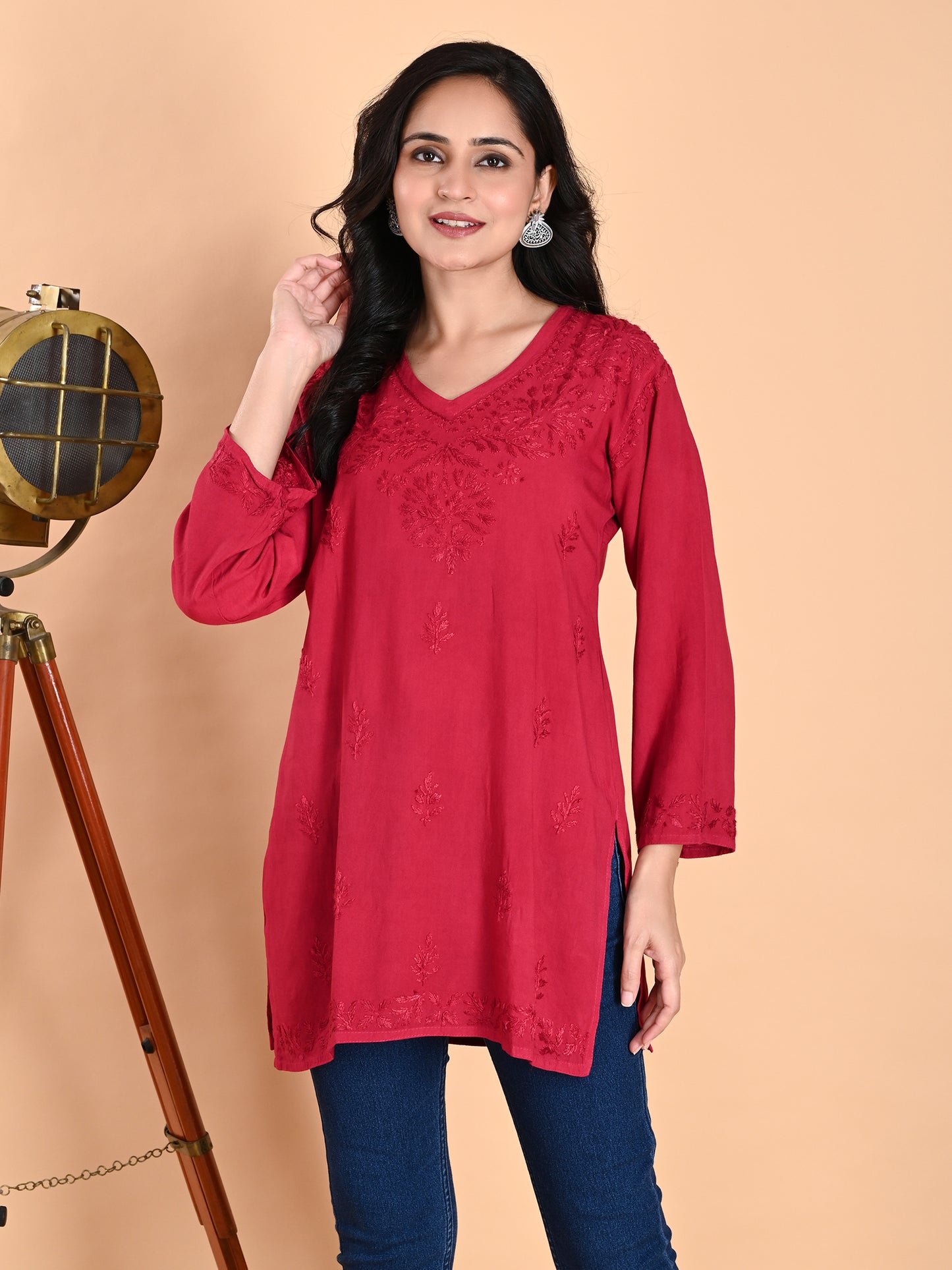 Magenta Rayon Lucknowi Chikankari Short Kurti for Women with Hand Embroidery – Ethnic Daily Wear Tunic Top