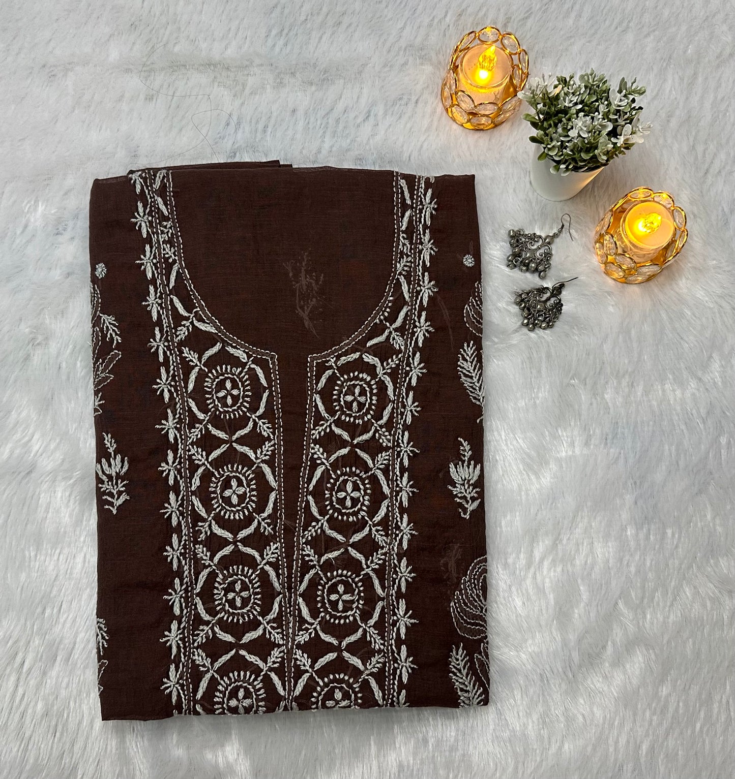 Pure Mul Chanderi Lucknowi Chikankari Unstitched Suit for Women with Dupatta – Hand Embroidered Ethnic Dress Material (2 Piece Set) - Brown