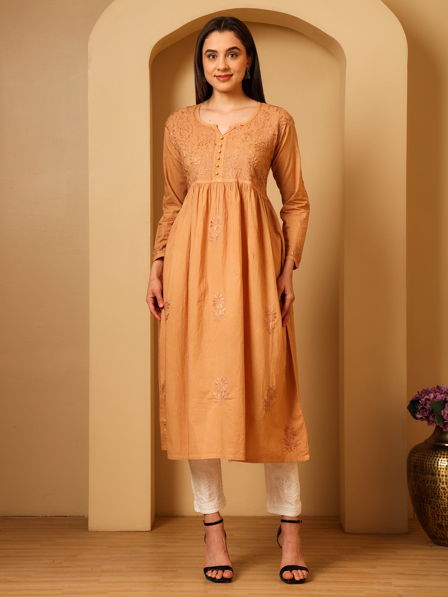 Nazaira Women’s Cotton Chikankari Kurta Gown Style Beige | Hand Embroidered Lucknow Chikankari Kurti | Ethnic Wear for Women | Long Anarkali Kurta | Handmade Cotton Kurta