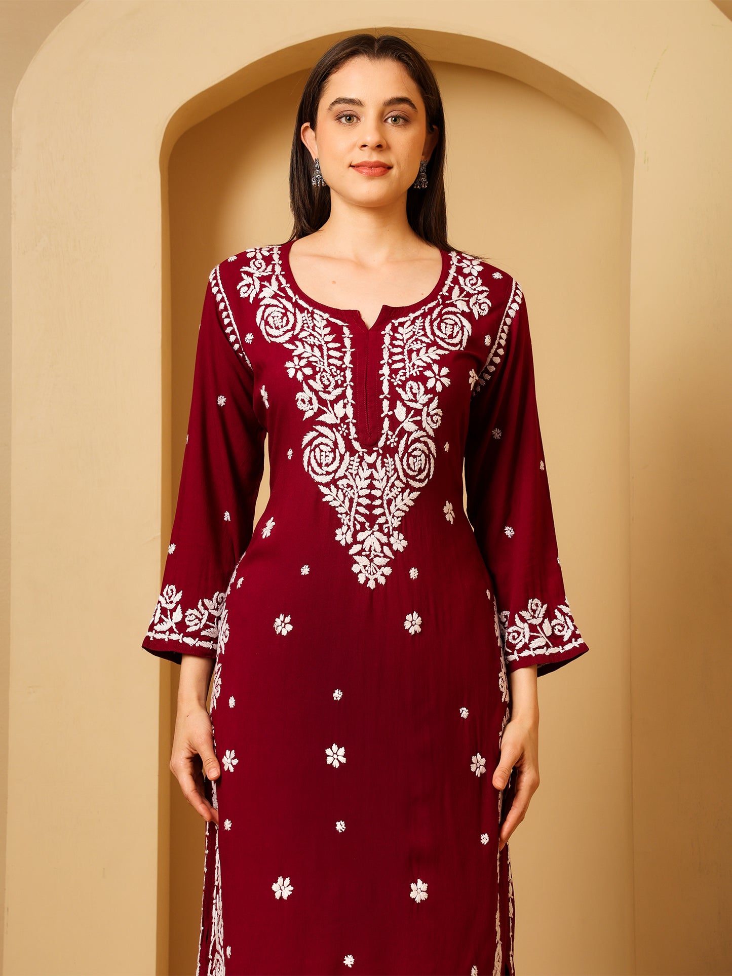 Nazaira Women’s Rayon 3D Work Lucknow Chikankari Kurta with Palazzo Set | Hand Embroidered Lucknawi Chickankari Kurti | Ethnic Wear | Maroon |