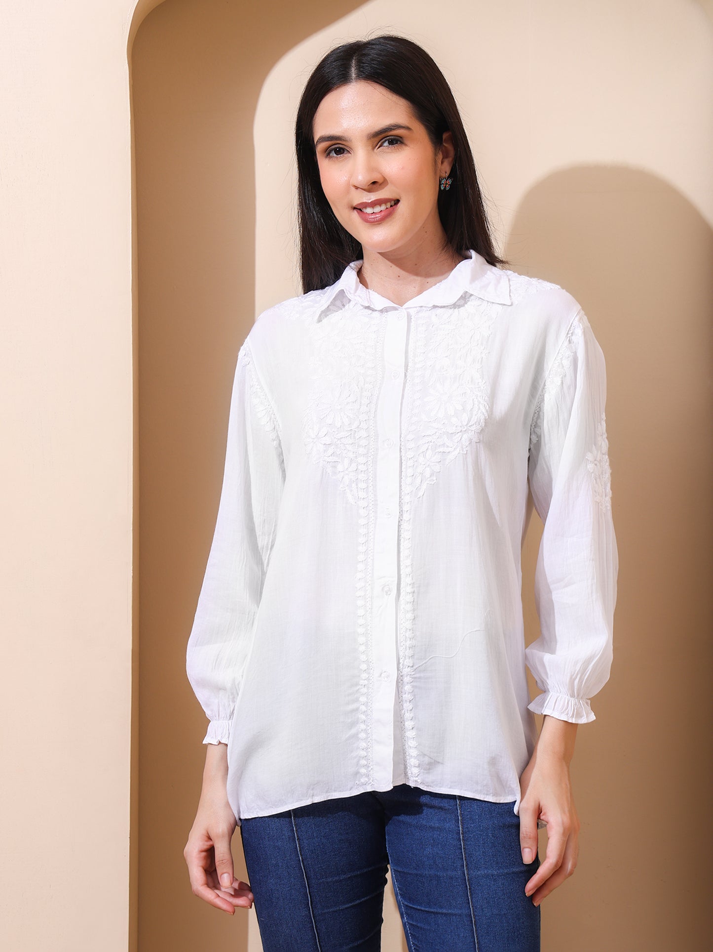 Nazaira Women’s Modal Lucknow Chikankari Shirt for Women | Hand Embroidered Luckhnawi Chickankari Top | White Ombre Ethnic Wear Shirt with 3/4 Sleeves | Handmade for Women