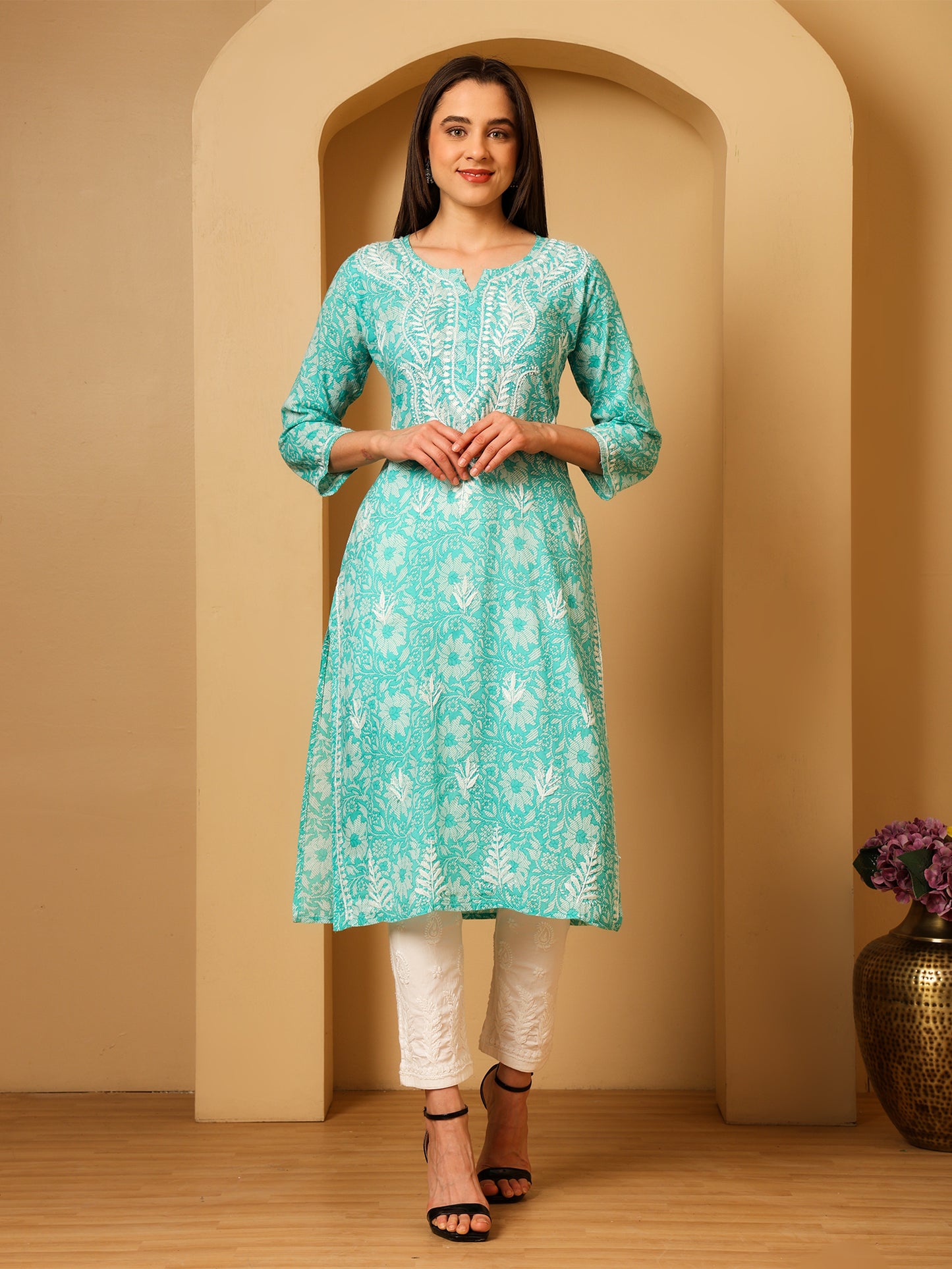 Nazaira Mulmul Cotton Chikankari Kurta for Women Aqua Green | Hand Embroidered Lucknow Chikankari Kurti | Ethnic Wear Long Kurta for Women | Handmade Luckhnawi Chickankari Kurta