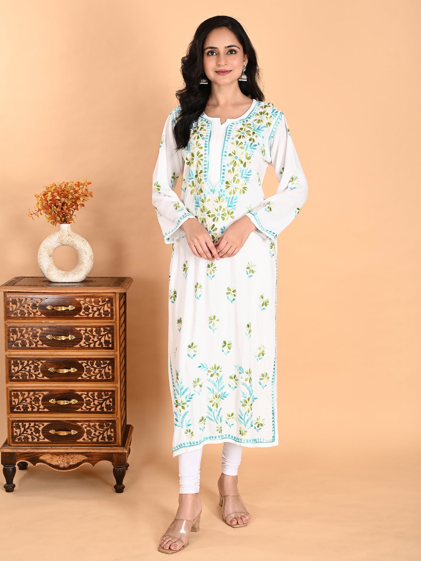 White Rayon Lucknowi Chikankari Long Kurta for Women with Blue & Green Floral Hand Embroidery – Ethnic Wear Kurti
